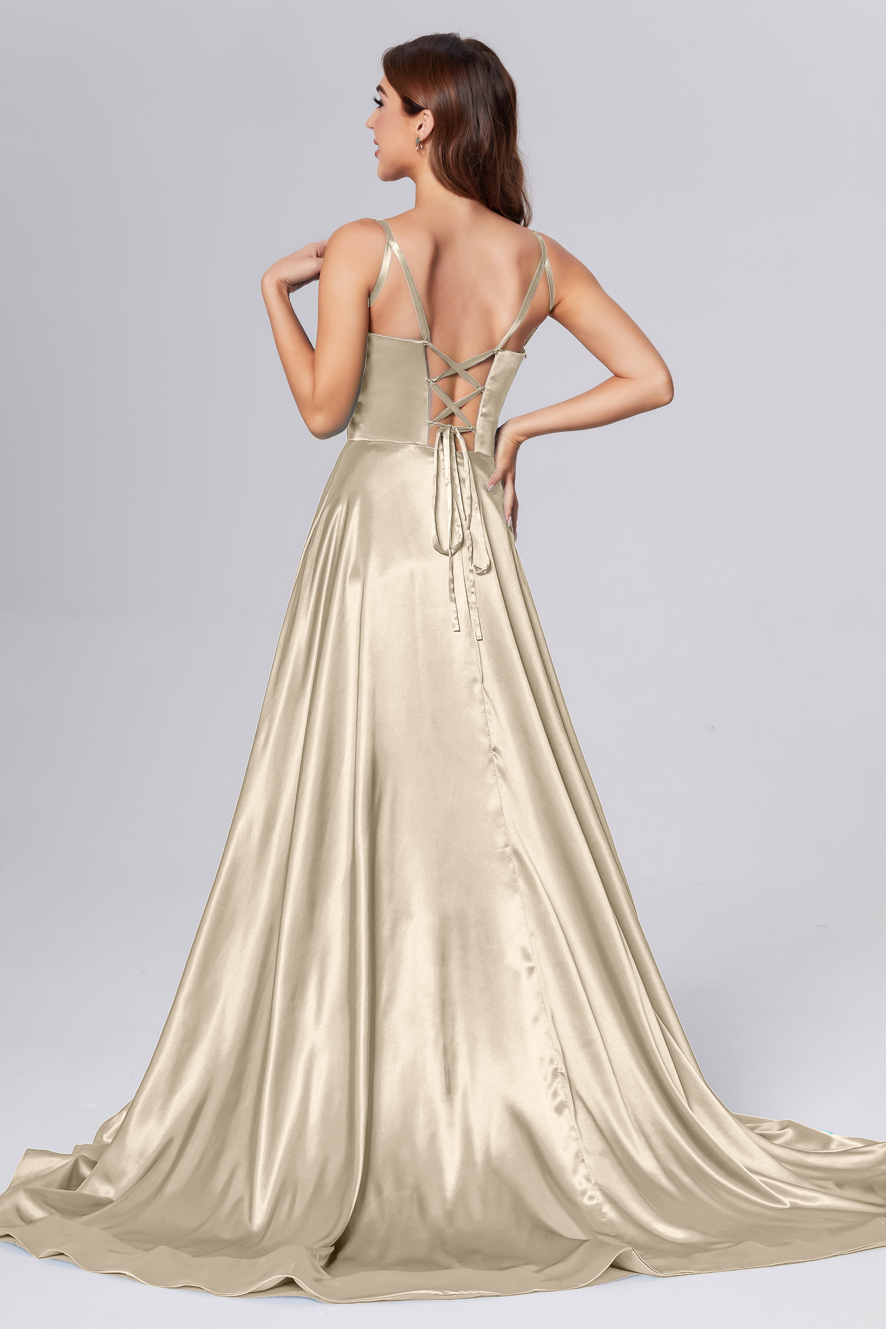 V-neck Split Prom Dresses with Trailing