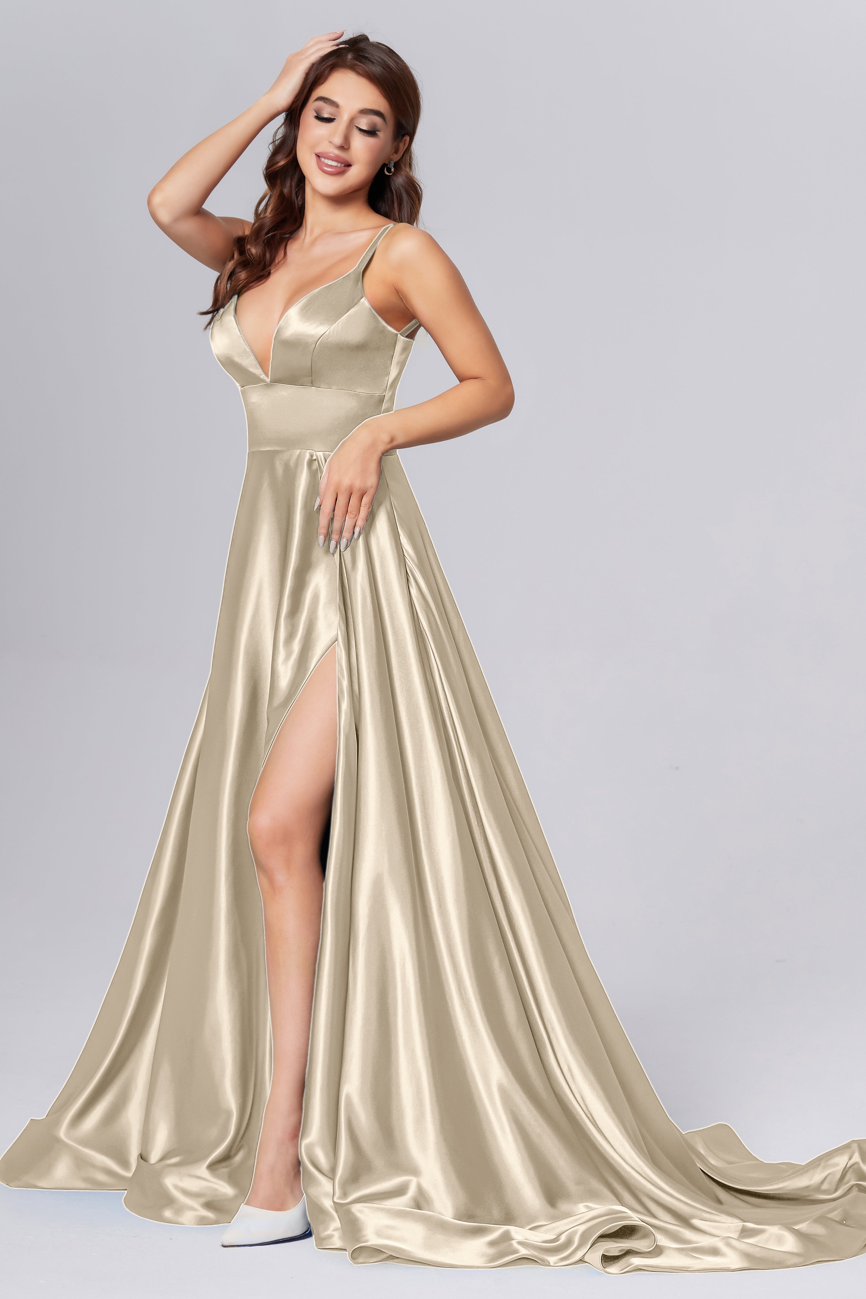 V-neck Split Prom Dresses with Trailing