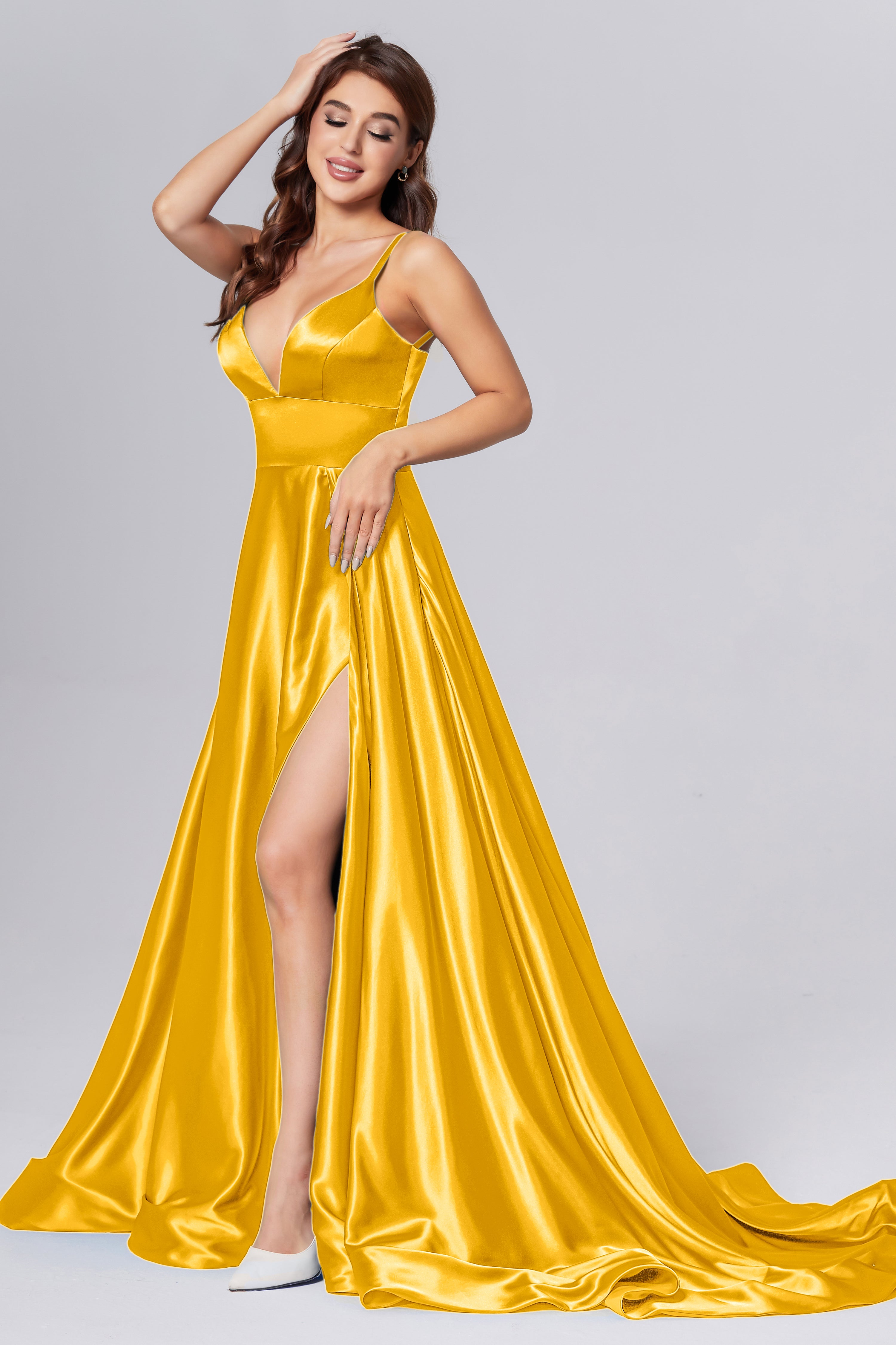 V-neck Split Prom Dresses with Trailing