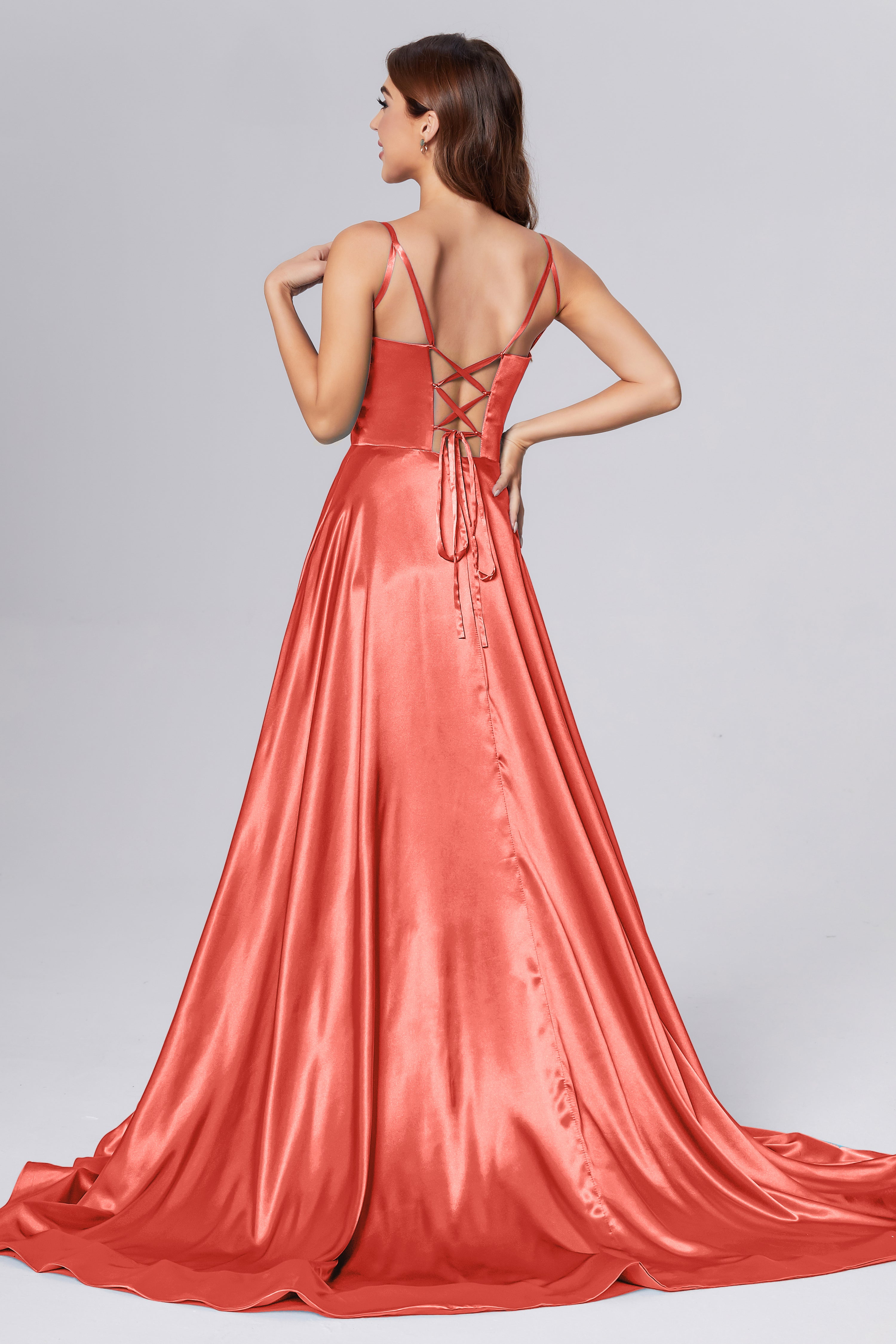 V-neck Split Prom Dresses with Trailing