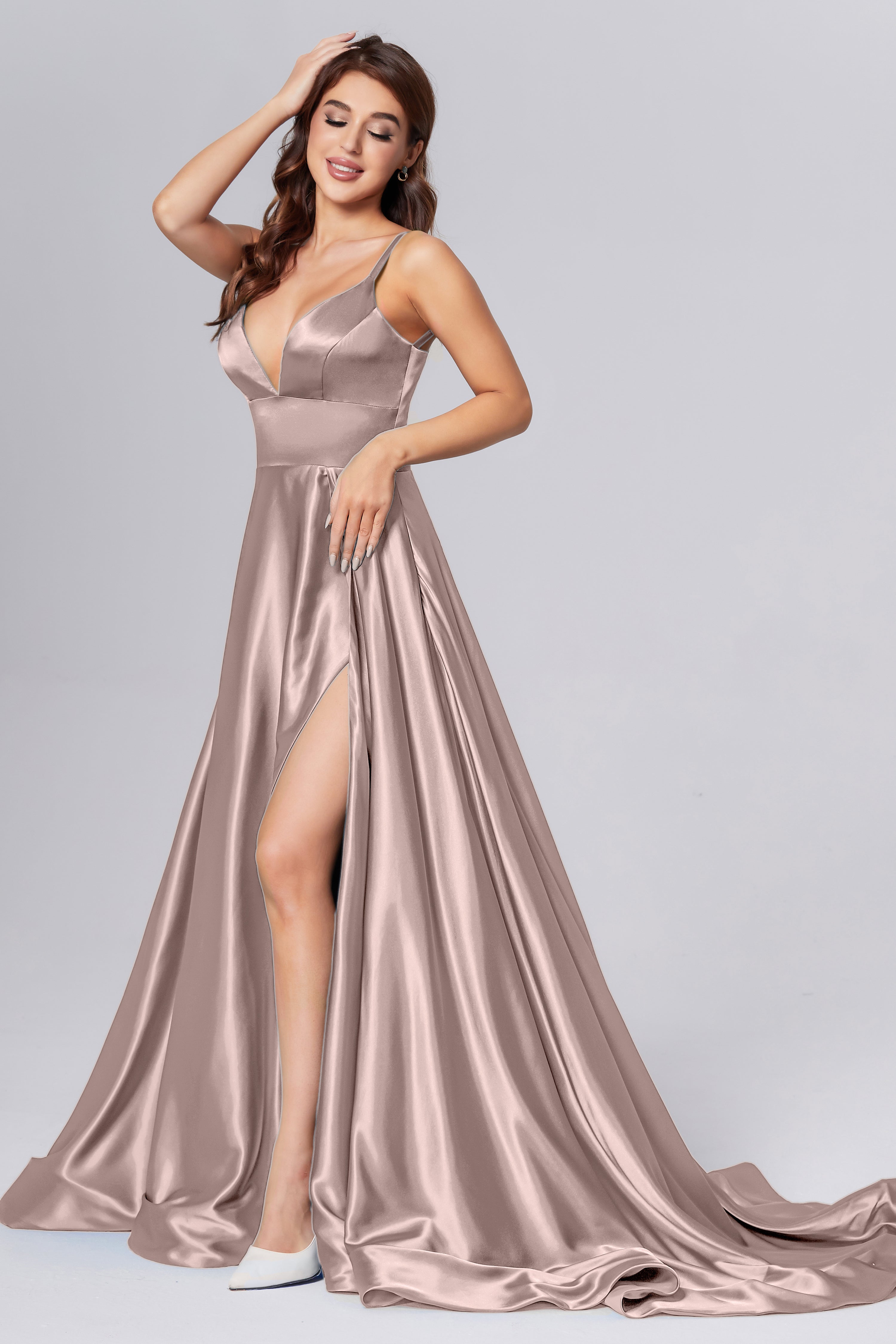 V-neck Split Prom Dresses with Trailing