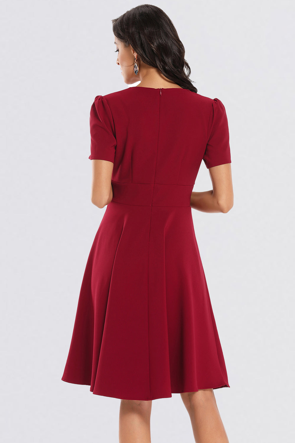 V-neck Zipper Short Sleeve Vintage Dresses