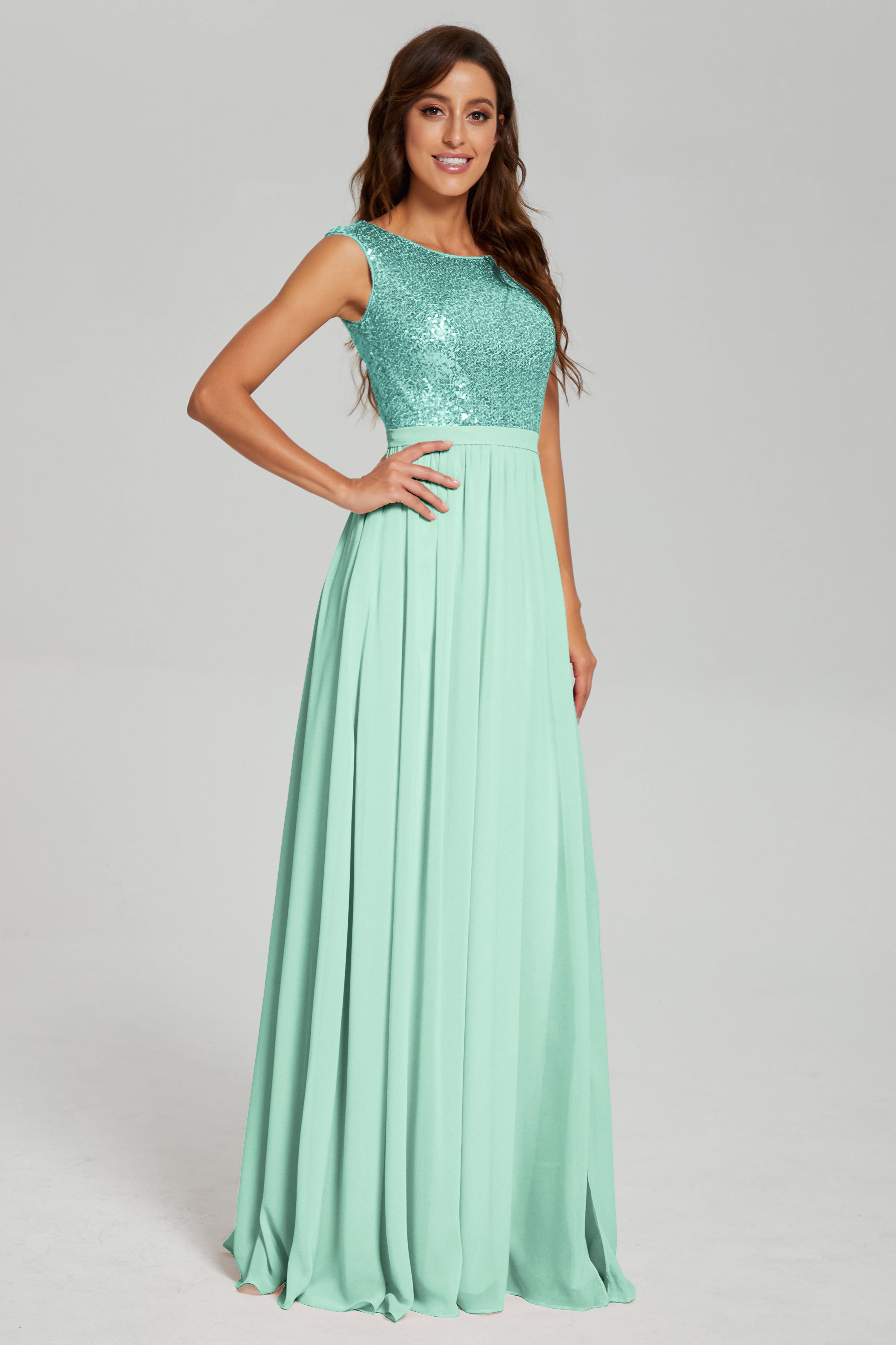 Sequins Bateau Split Prom Dresses