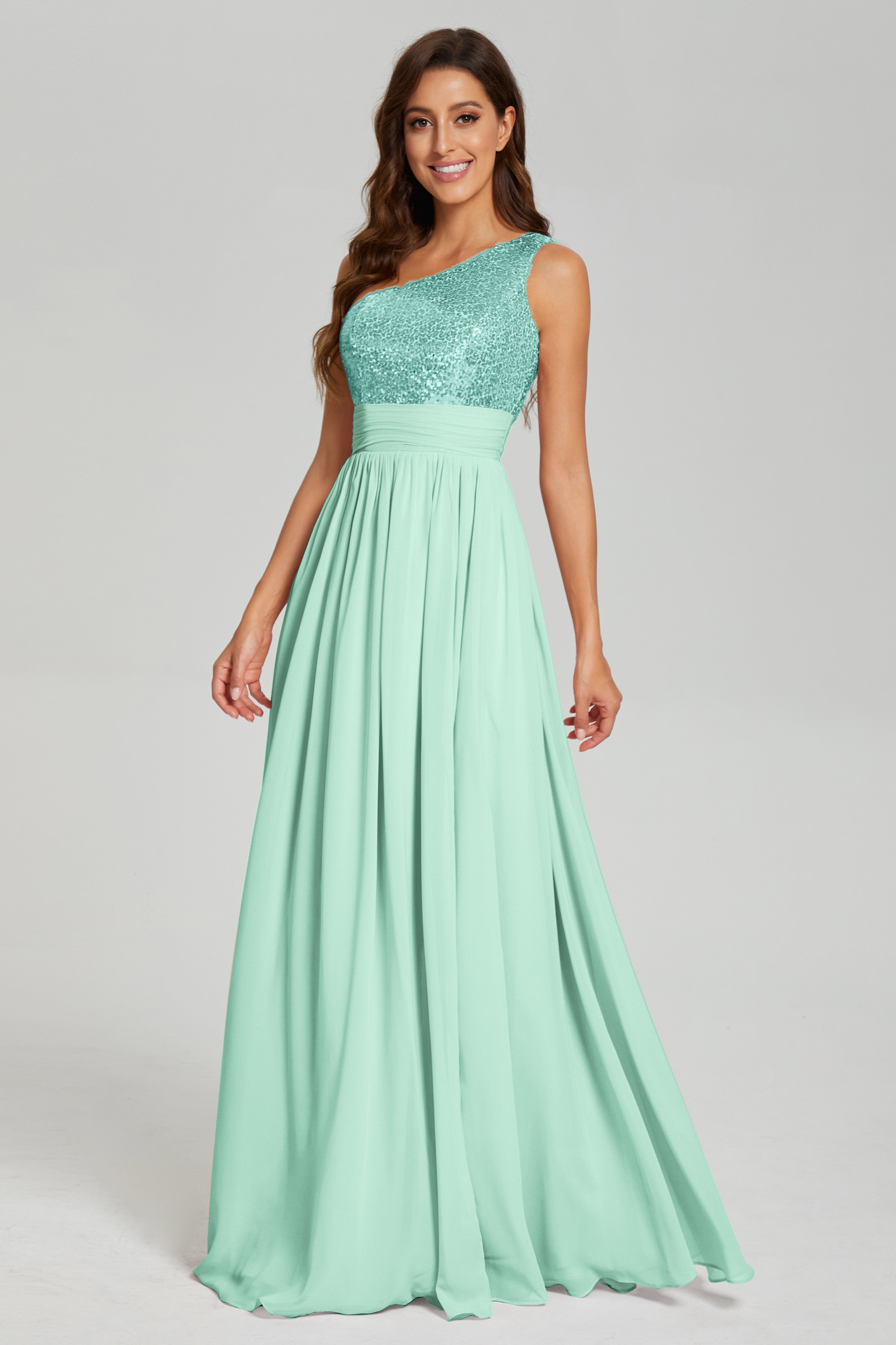 Sequins One Shoulder Chiffon Prom Dresses