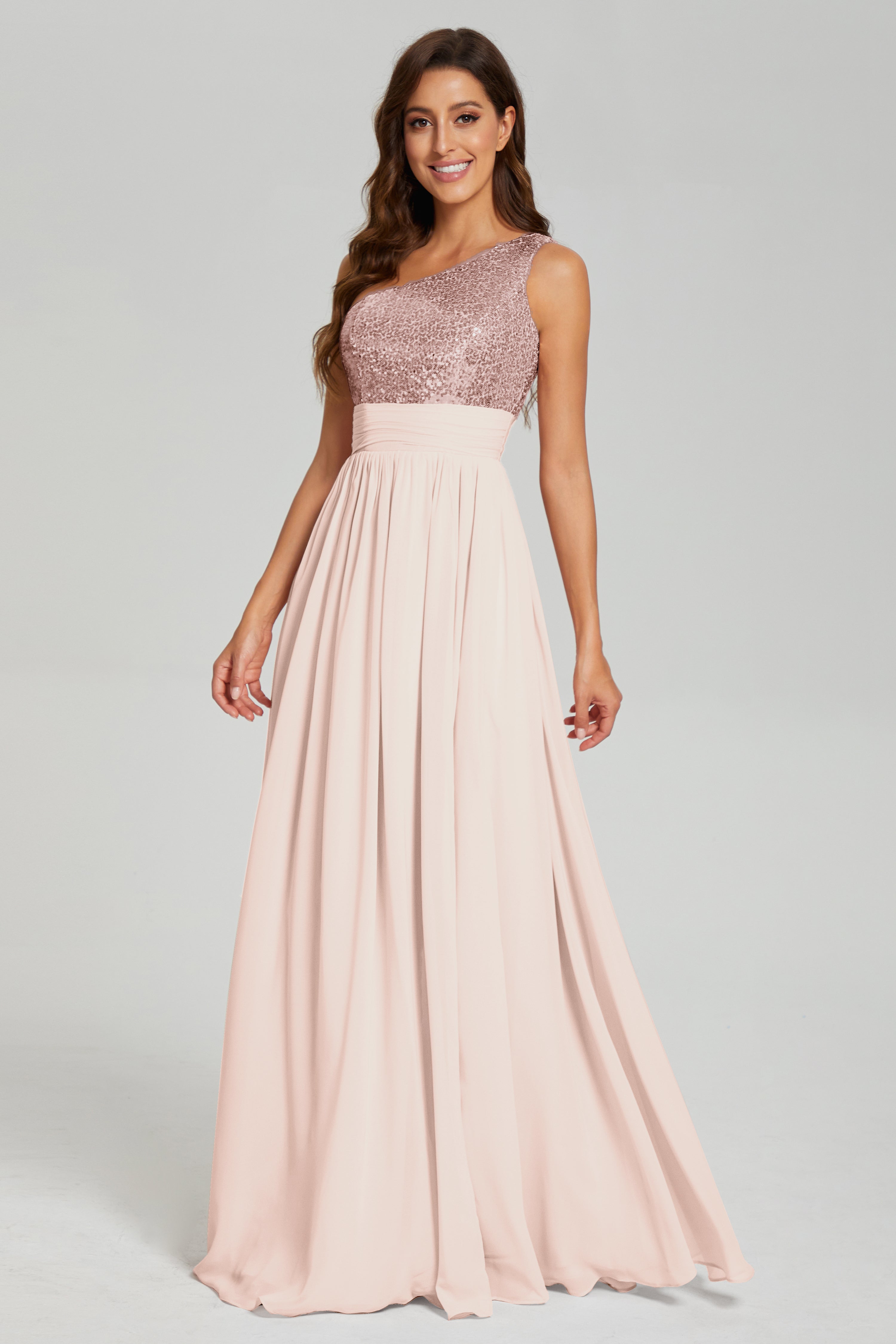 Sequins One Shoulder Chiffon Prom Dresses