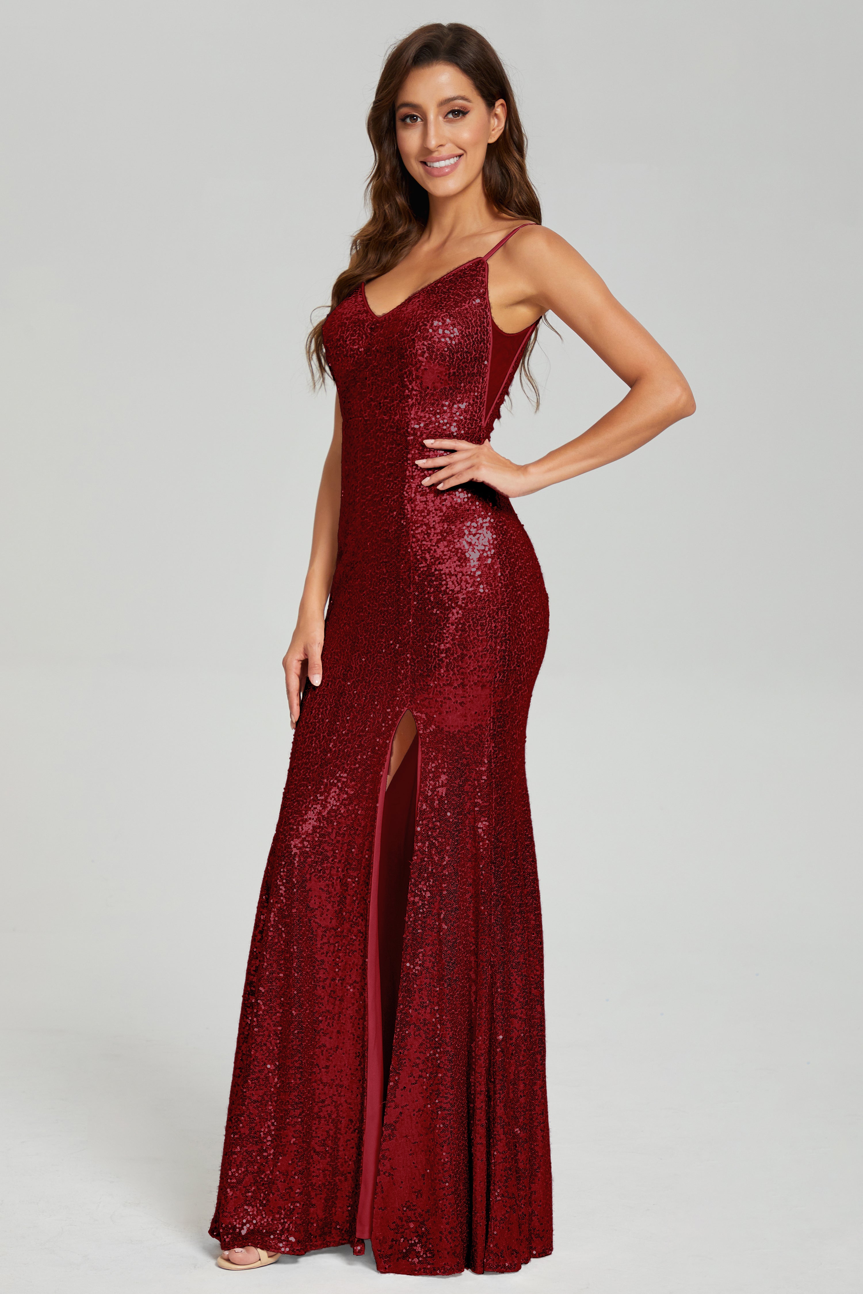 Sequins Spaghetti Straps Split Prom Dresses