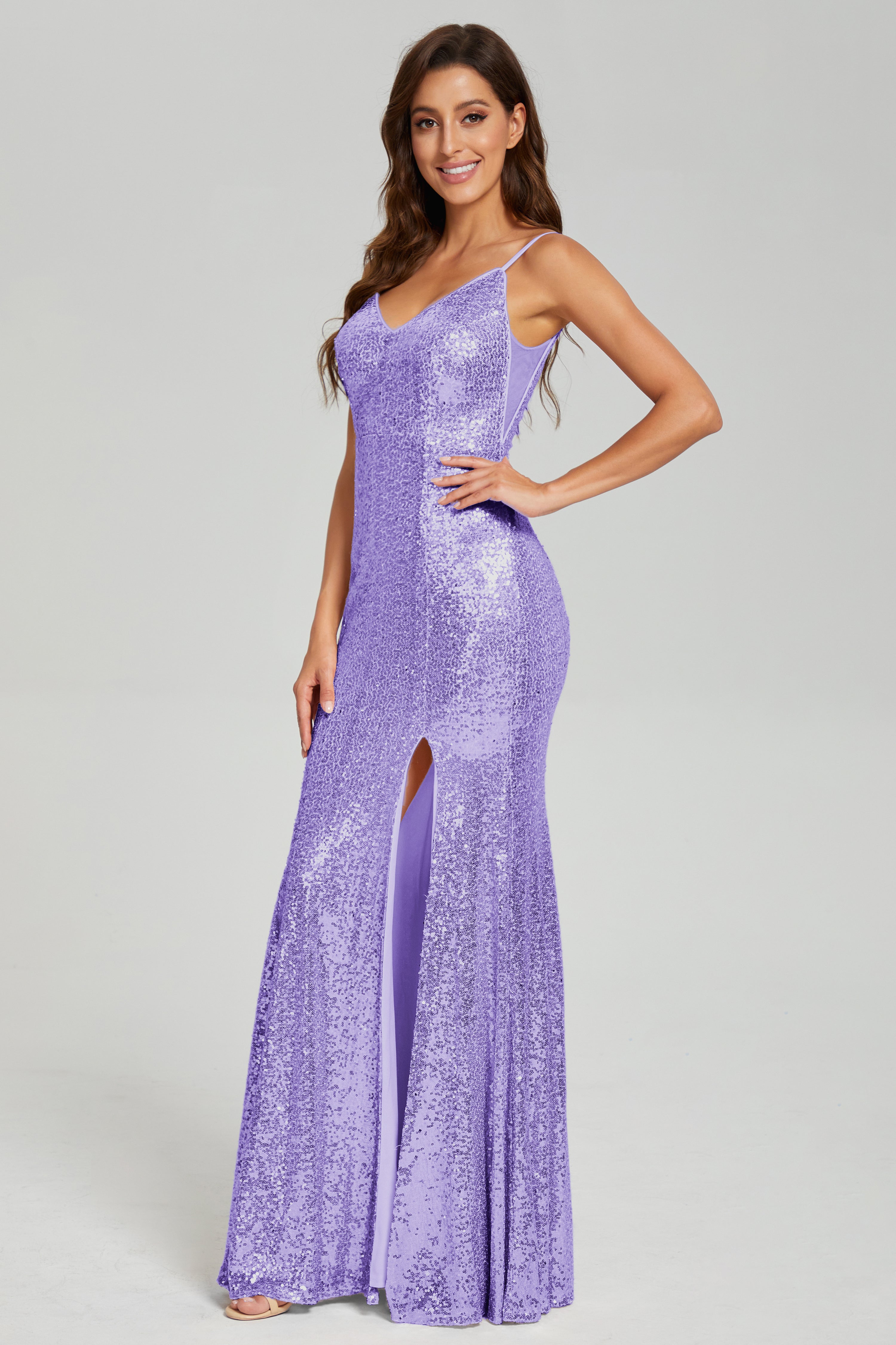 Sequins Spaghetti Straps Split Prom Dresses