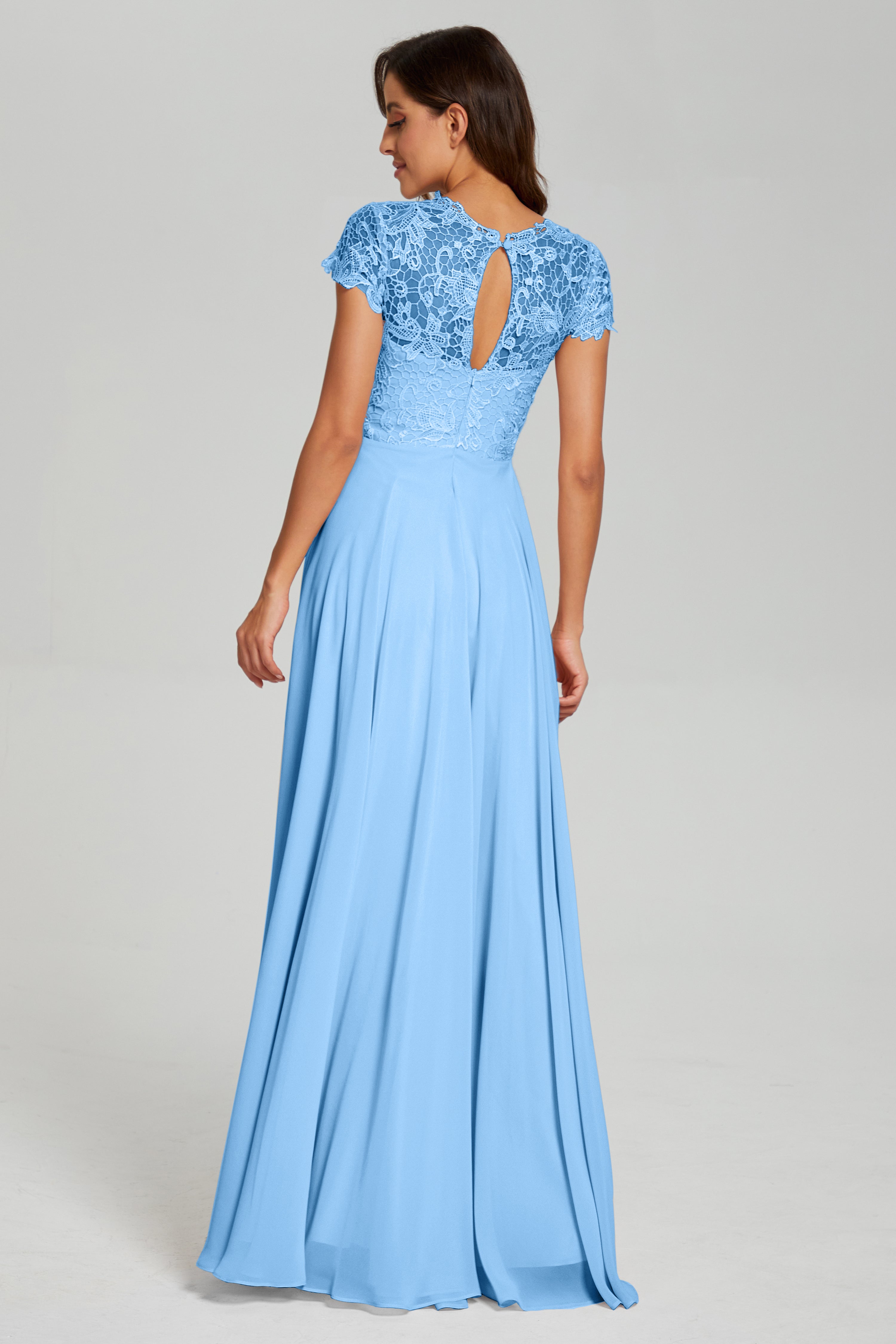 Short Sleeves Chiffon Lace Prom Dresses with Pockets