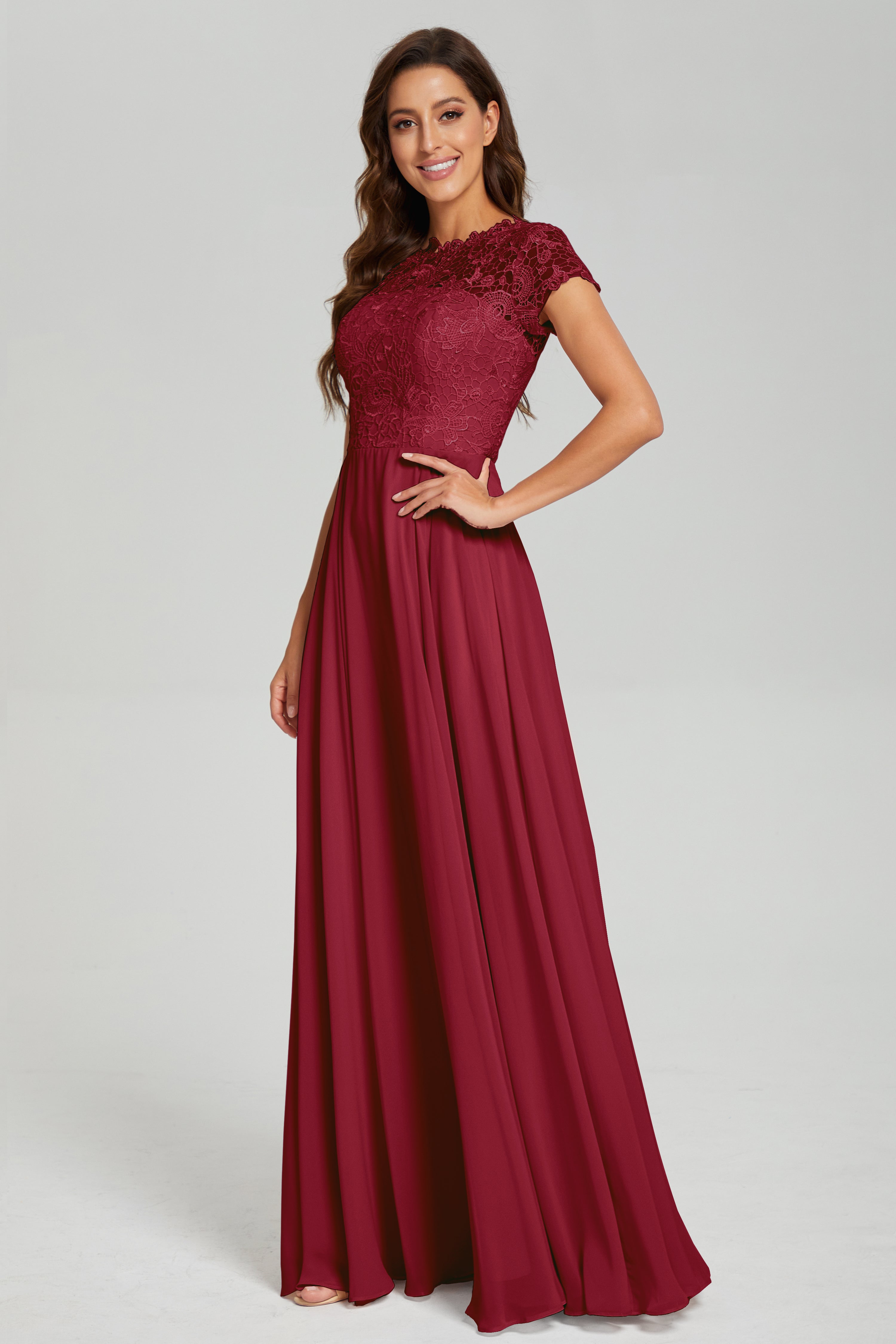 Short Sleeves Chiffon Lace Prom Dresses with Pockets