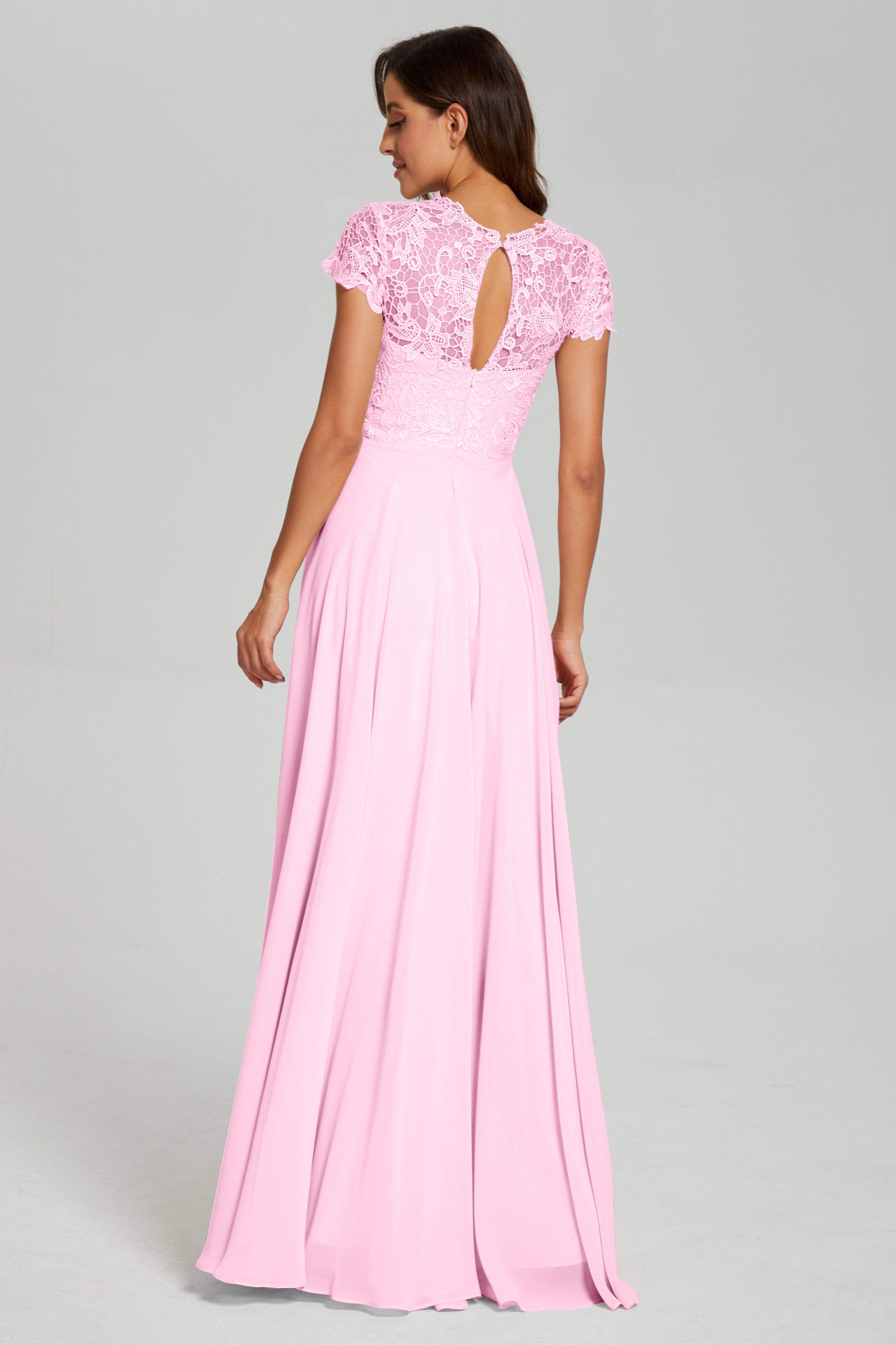 Short Sleeves Chiffon Lace Prom Dresses with Pockets