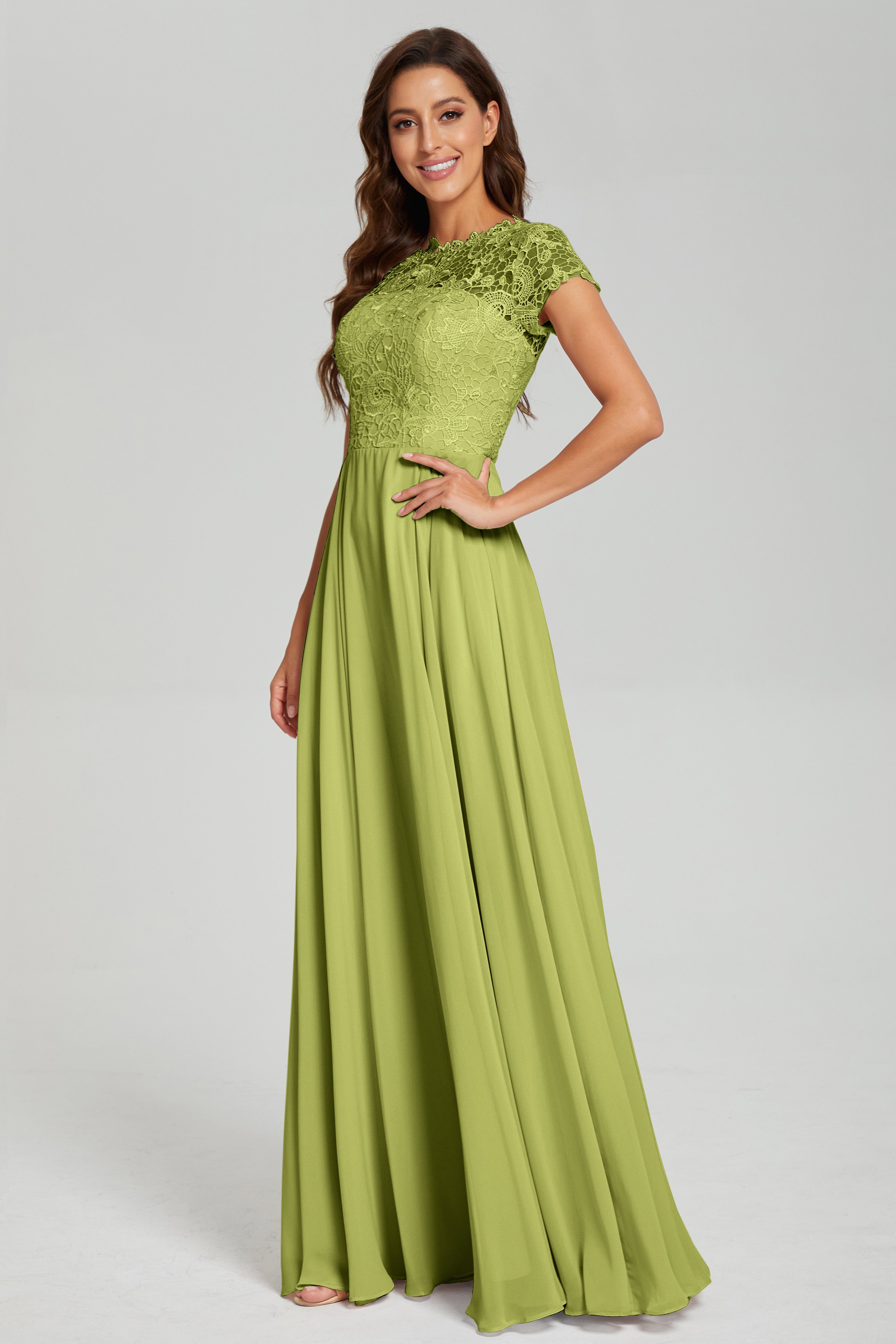 Short Sleeves Chiffon Lace Prom Dresses with Pockets