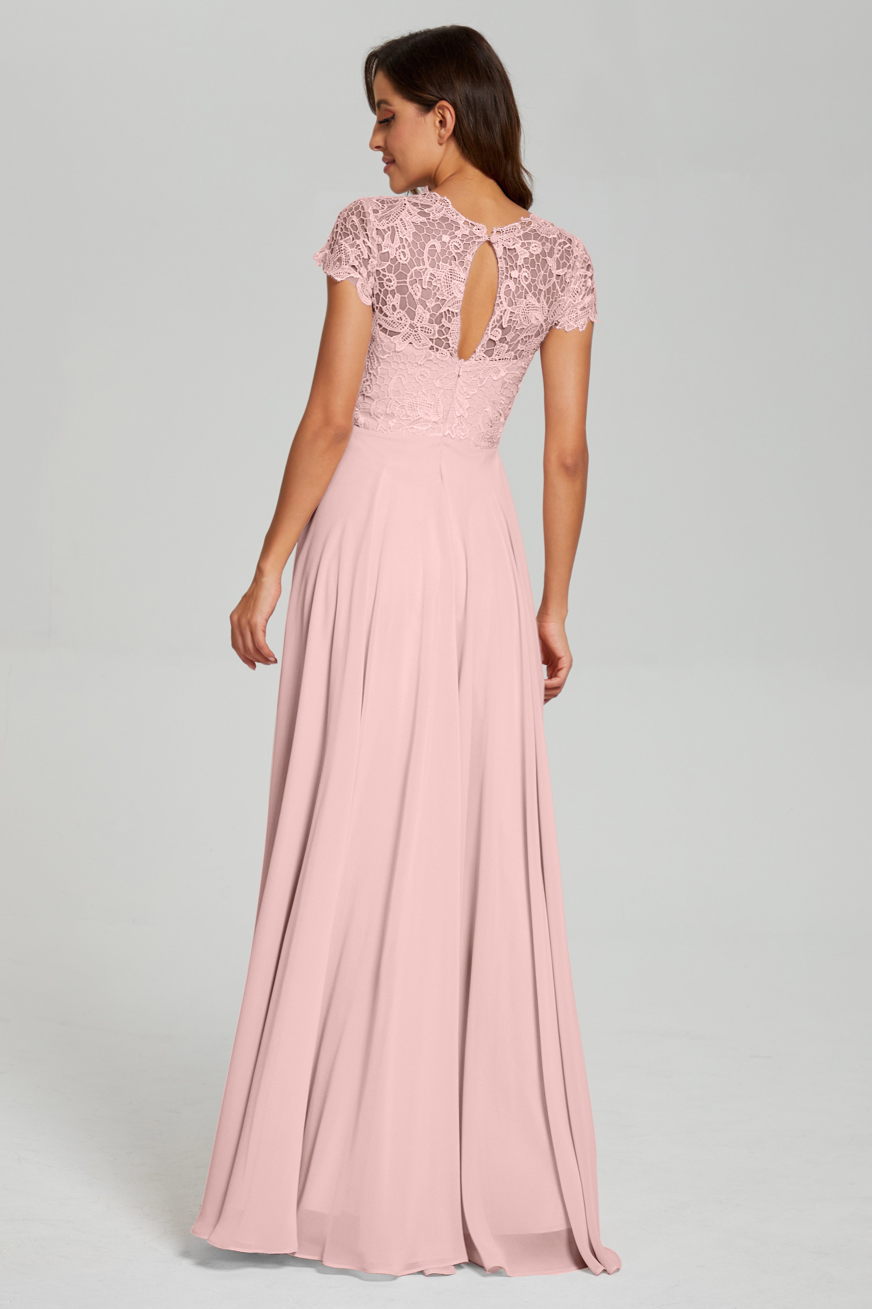 Short Sleeves Chiffon Lace Prom Dresses with Pockets