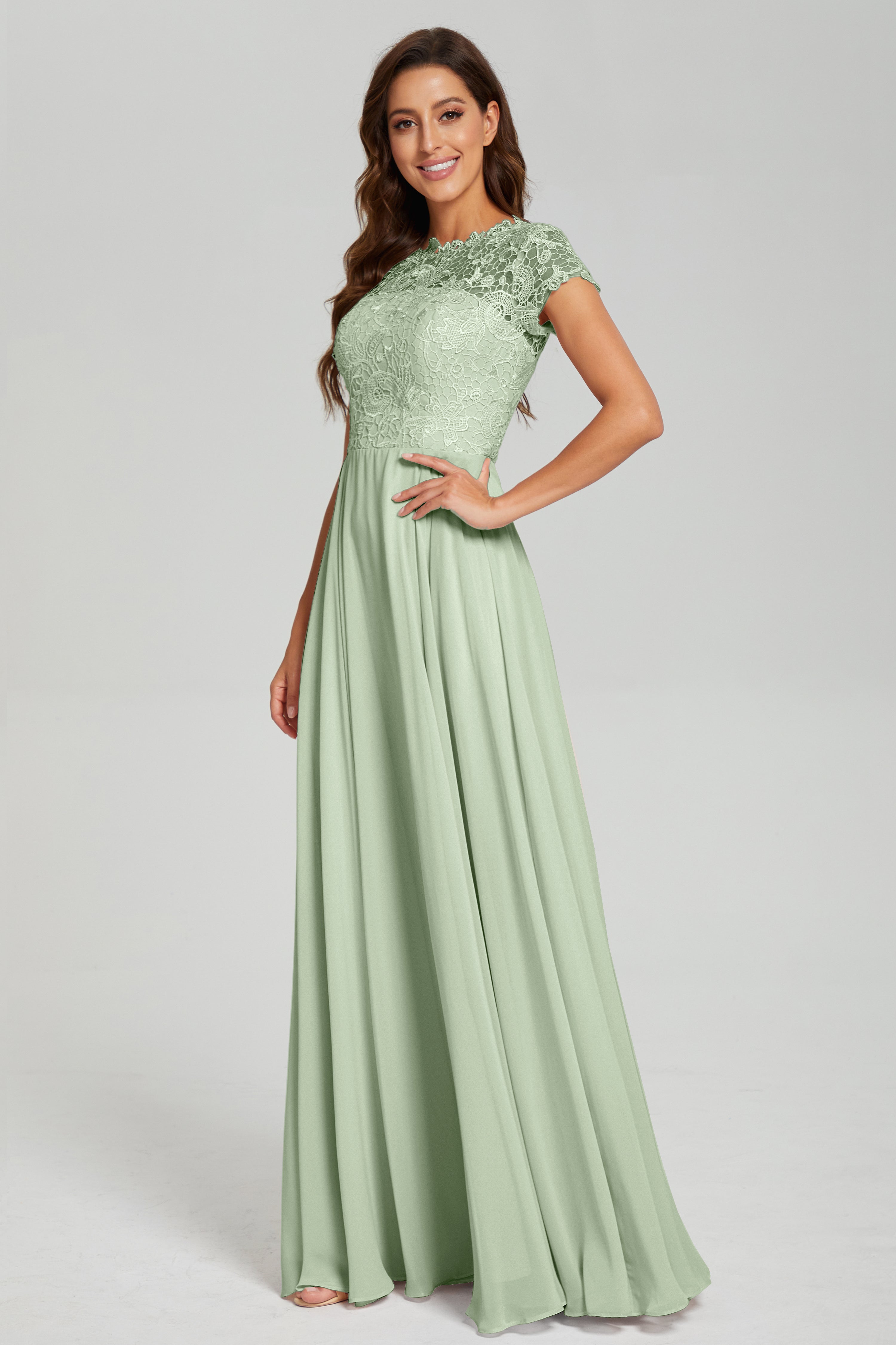 Short Sleeves Chiffon Lace Prom Dresses with Pockets