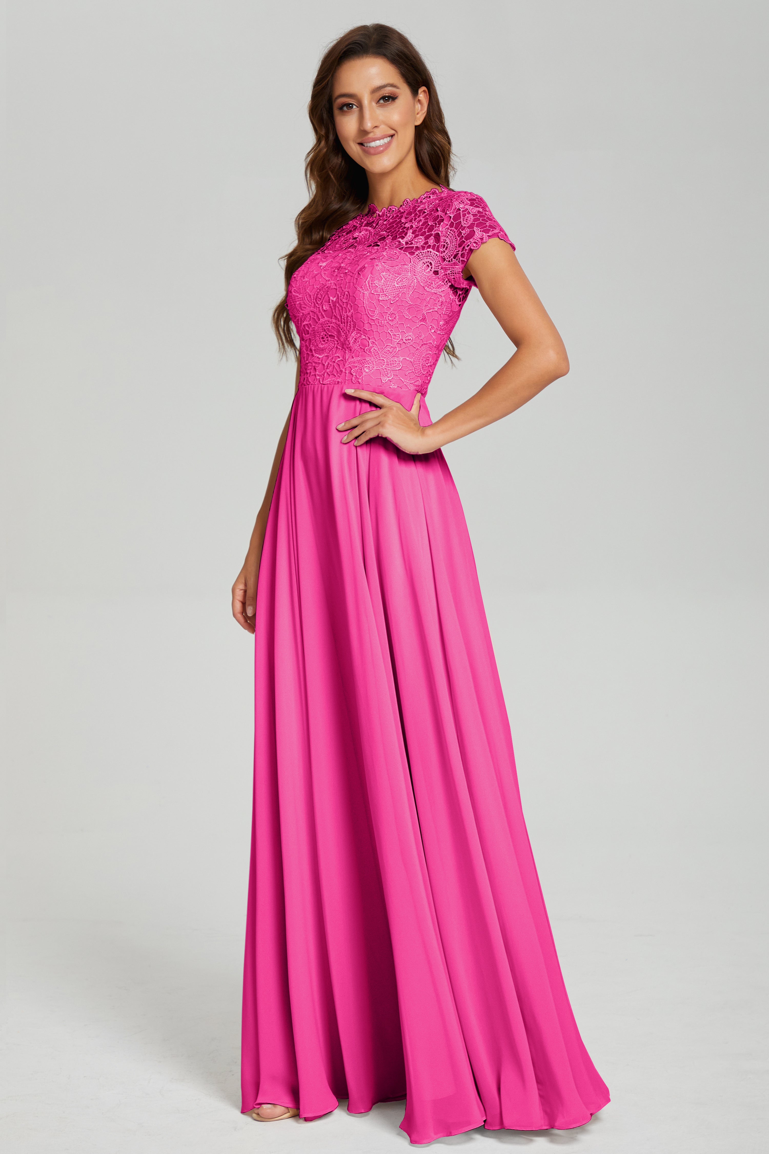 Short Sleeves Chiffon Lace Prom Dresses with Pockets