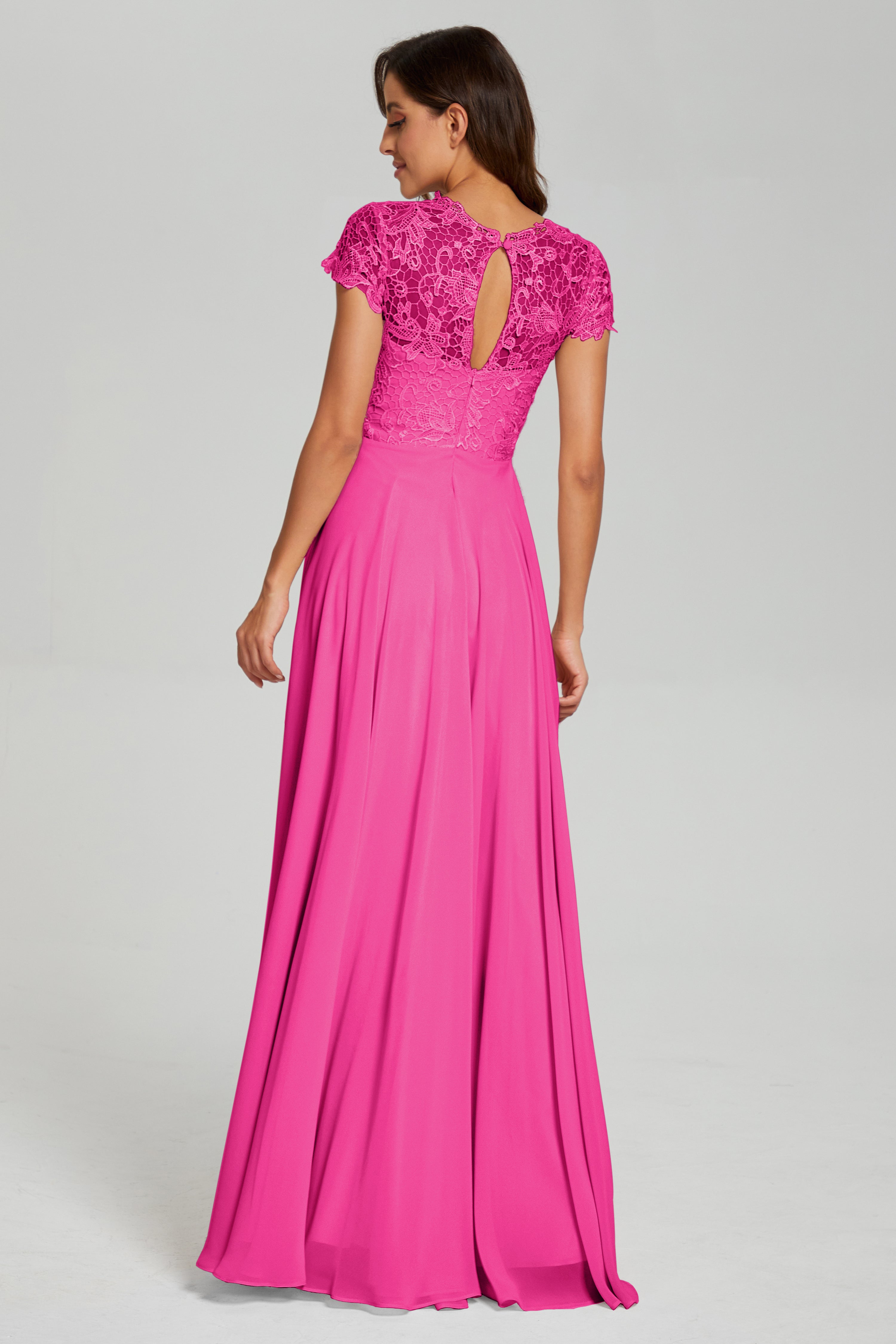 Short Sleeves Chiffon Lace Prom Dresses with Pockets