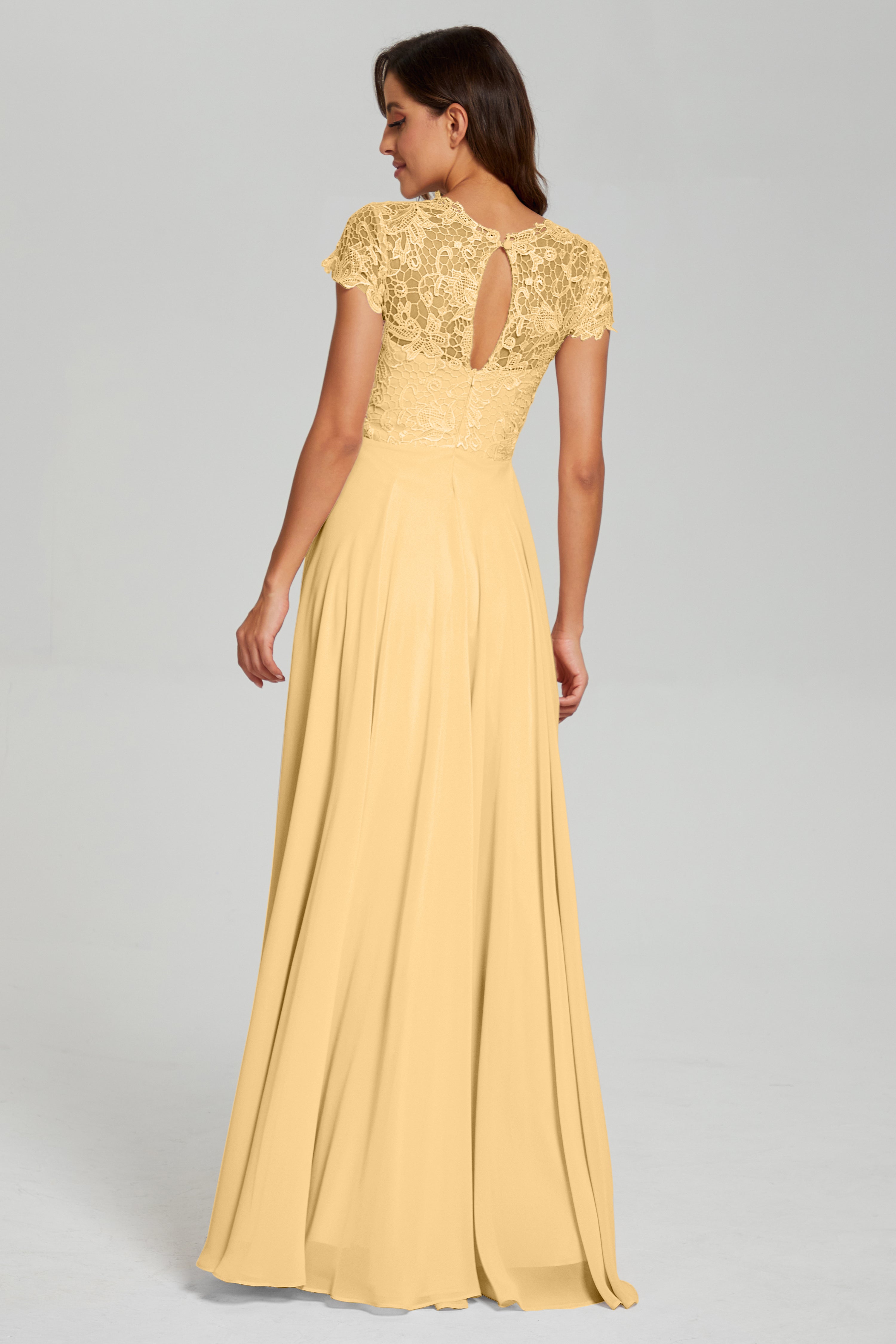 Short Sleeves Chiffon Lace Prom Dresses with Pockets