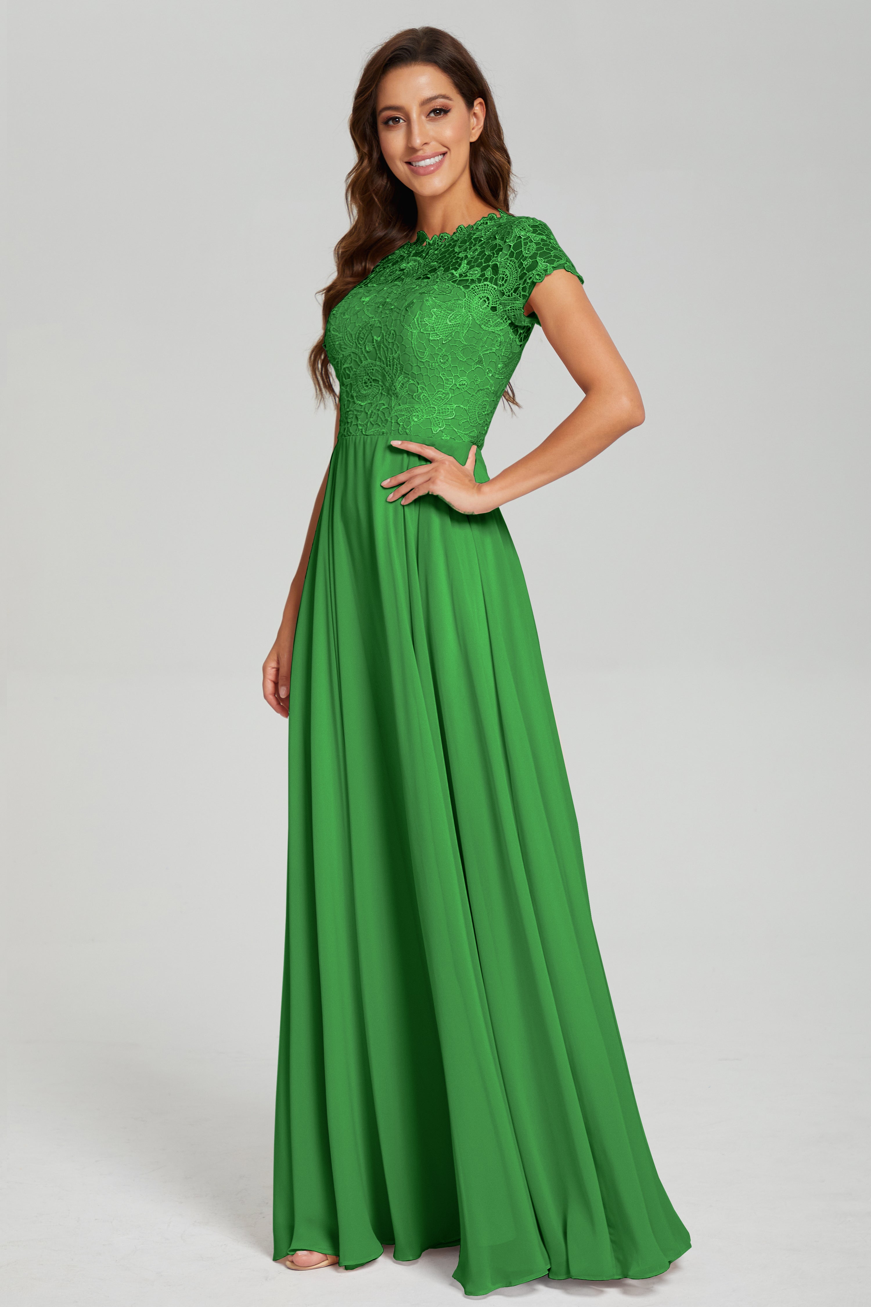 Short Sleeves Chiffon Lace Prom Dresses with Pockets