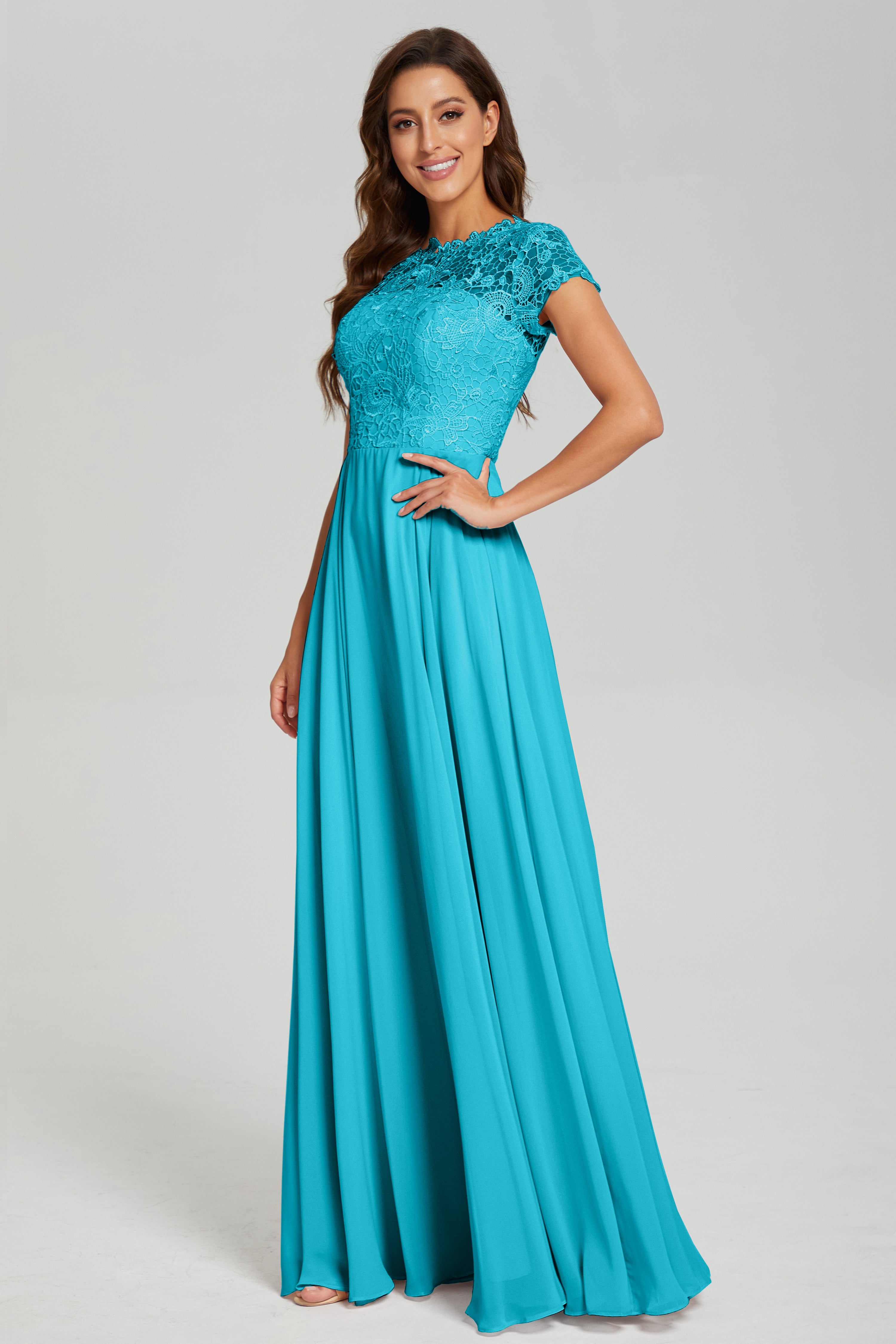 Short Sleeves Chiffon Lace Prom Dresses with Pockets