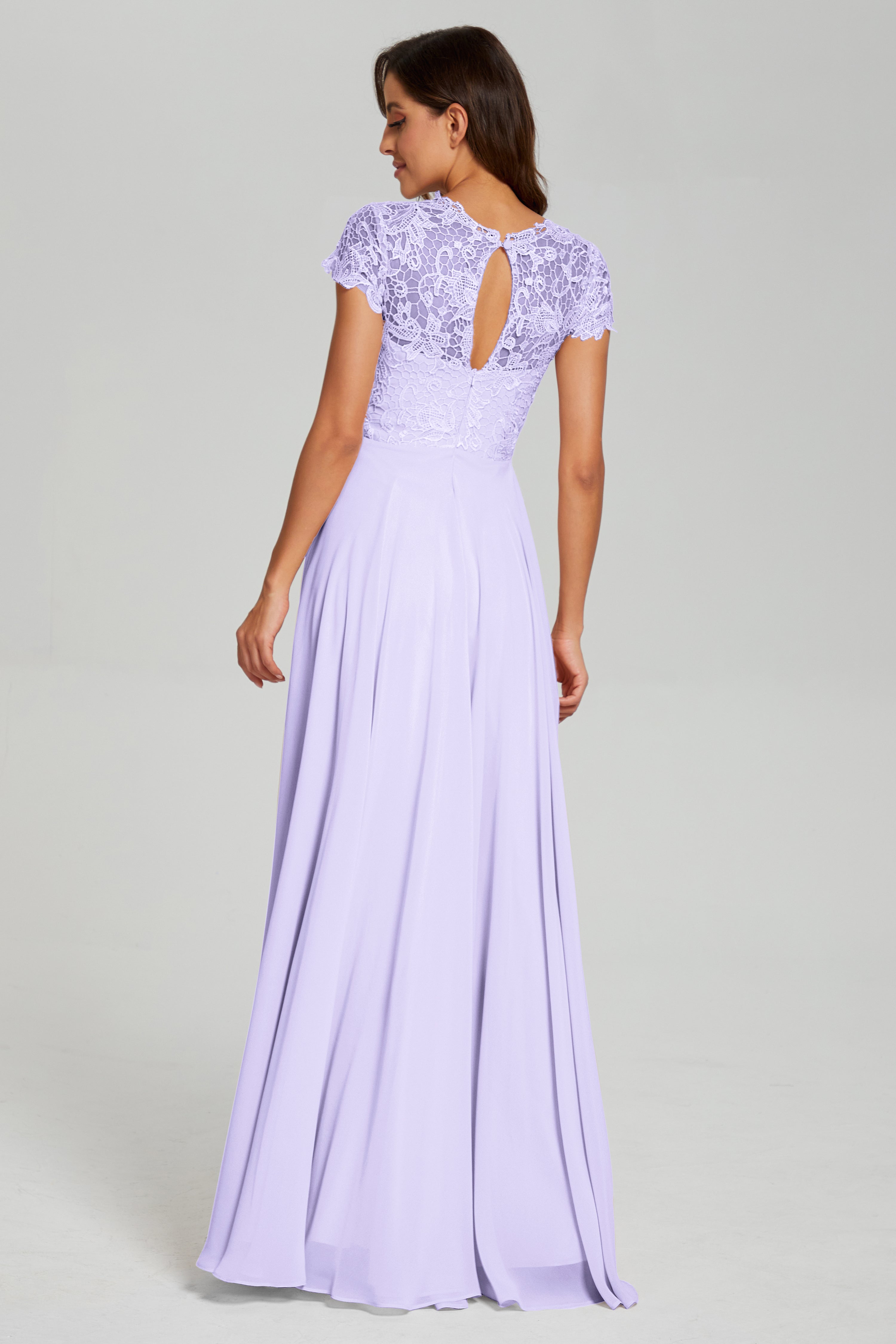 Short Sleeves Chiffon Lace Prom Dresses with Pockets