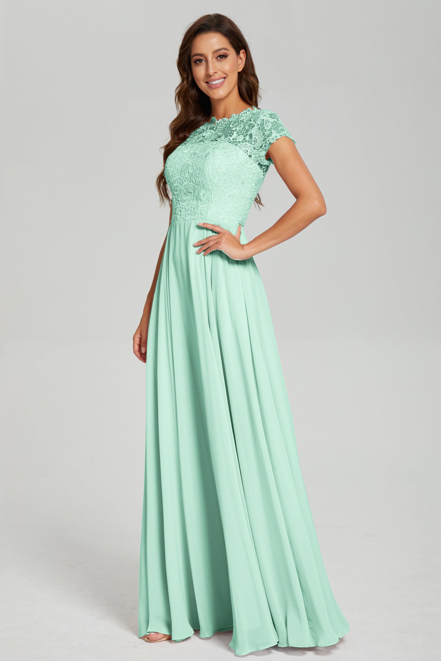 Short Sleeves Chiffon Lace Prom Dresses with Pockets