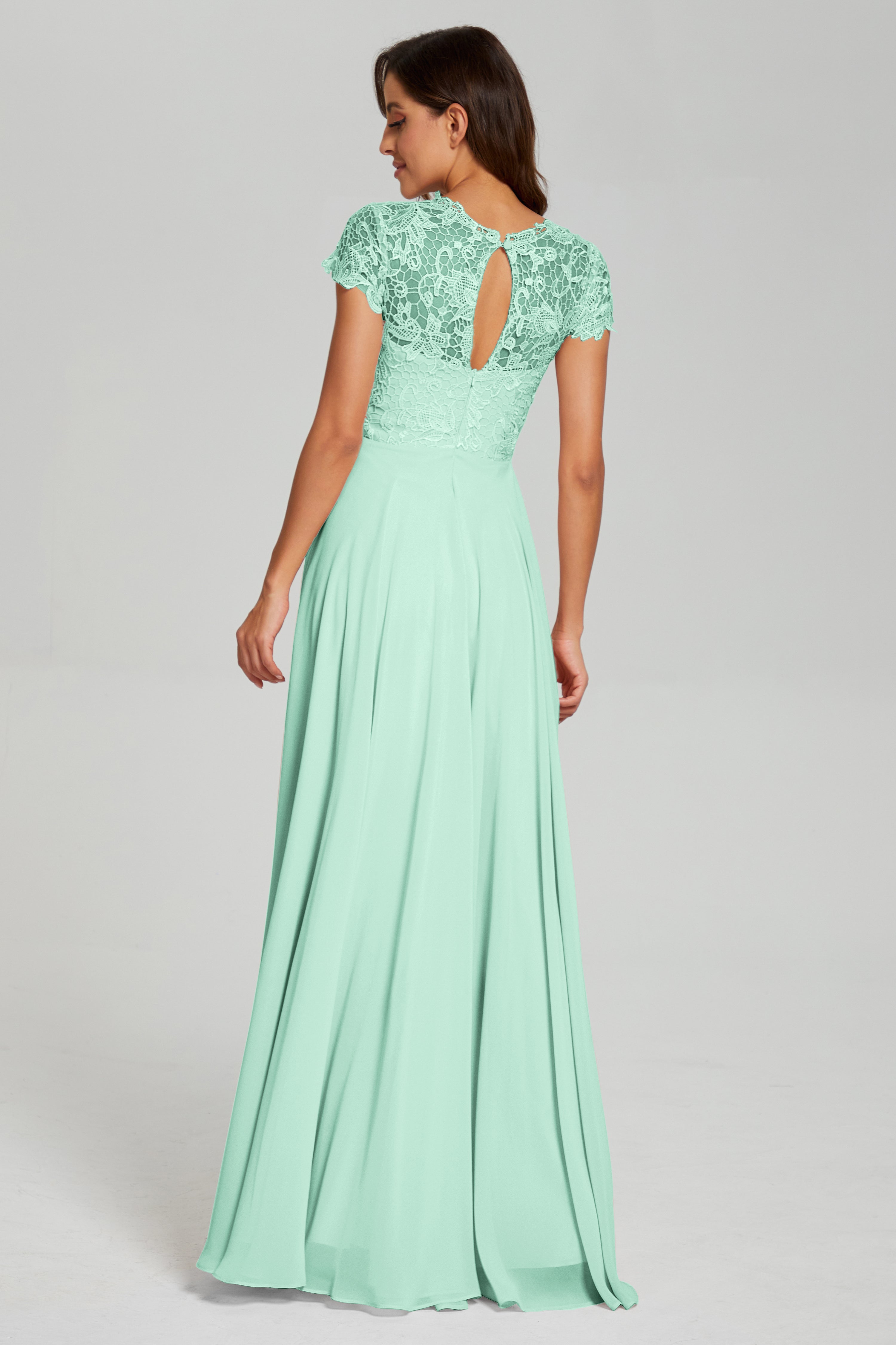 Short Sleeves Chiffon Lace Prom Dresses with Pockets