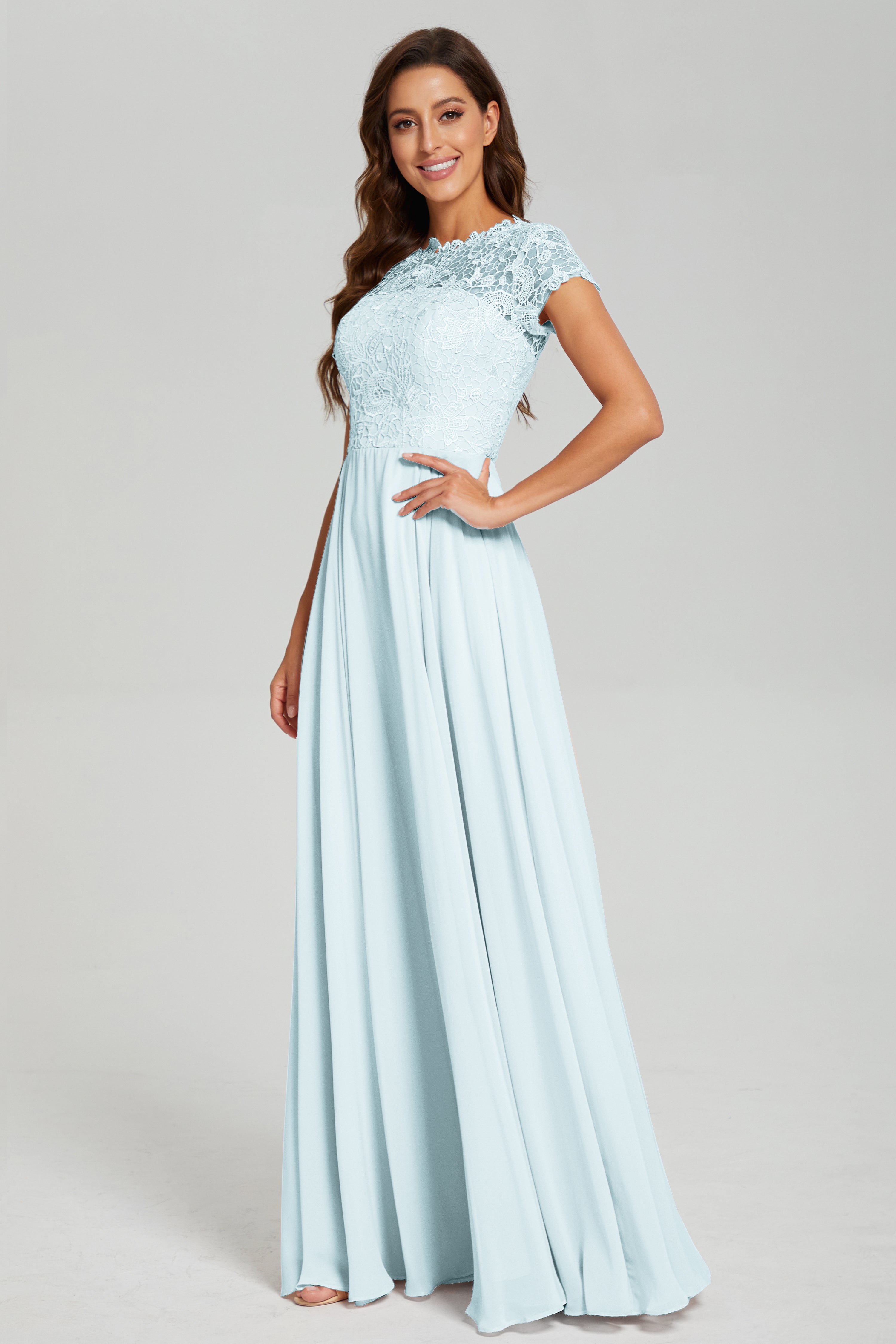 Short Sleeves Chiffon Lace Prom Dresses with Pockets