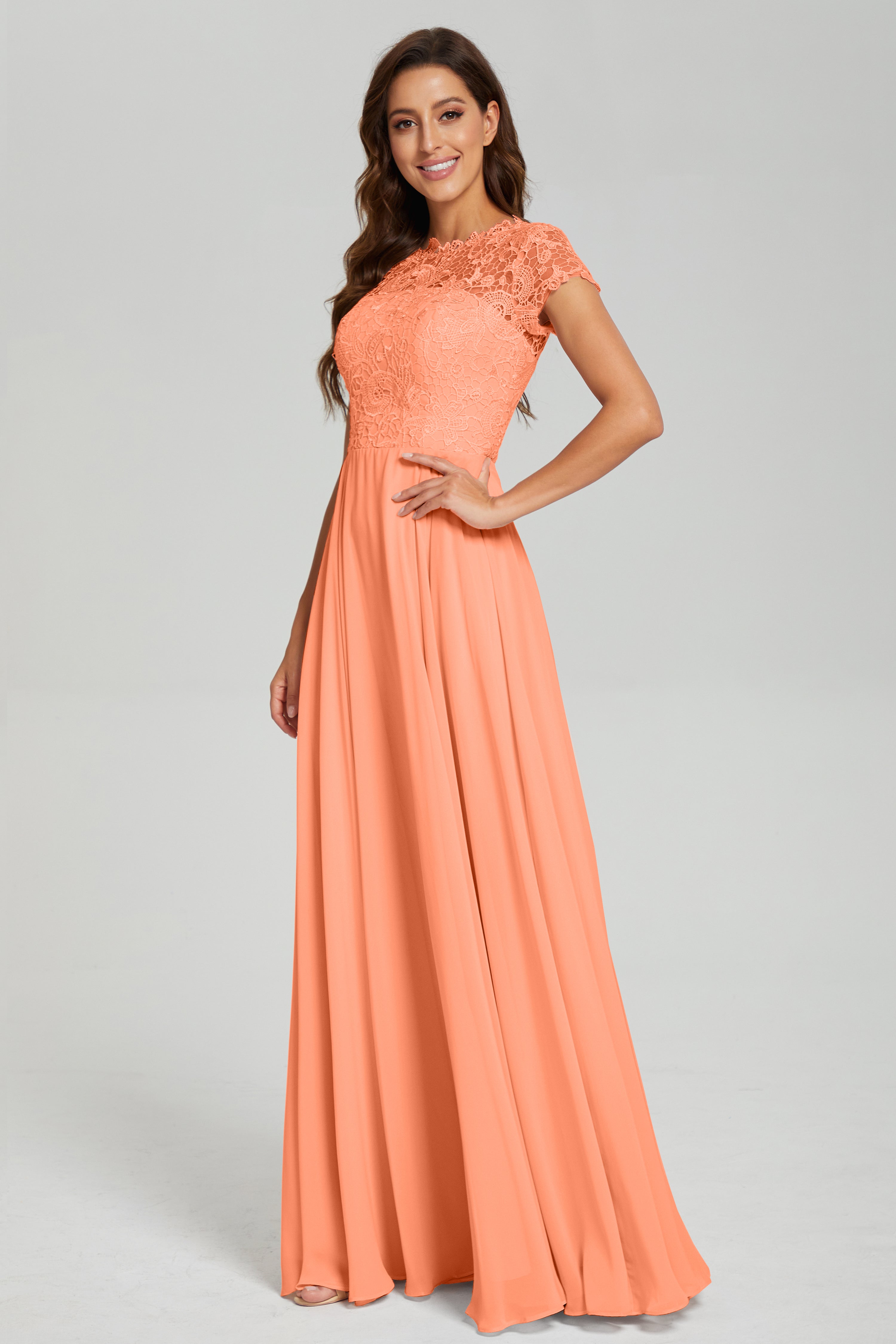 Short Sleeves Chiffon Lace Prom Dresses with Pockets