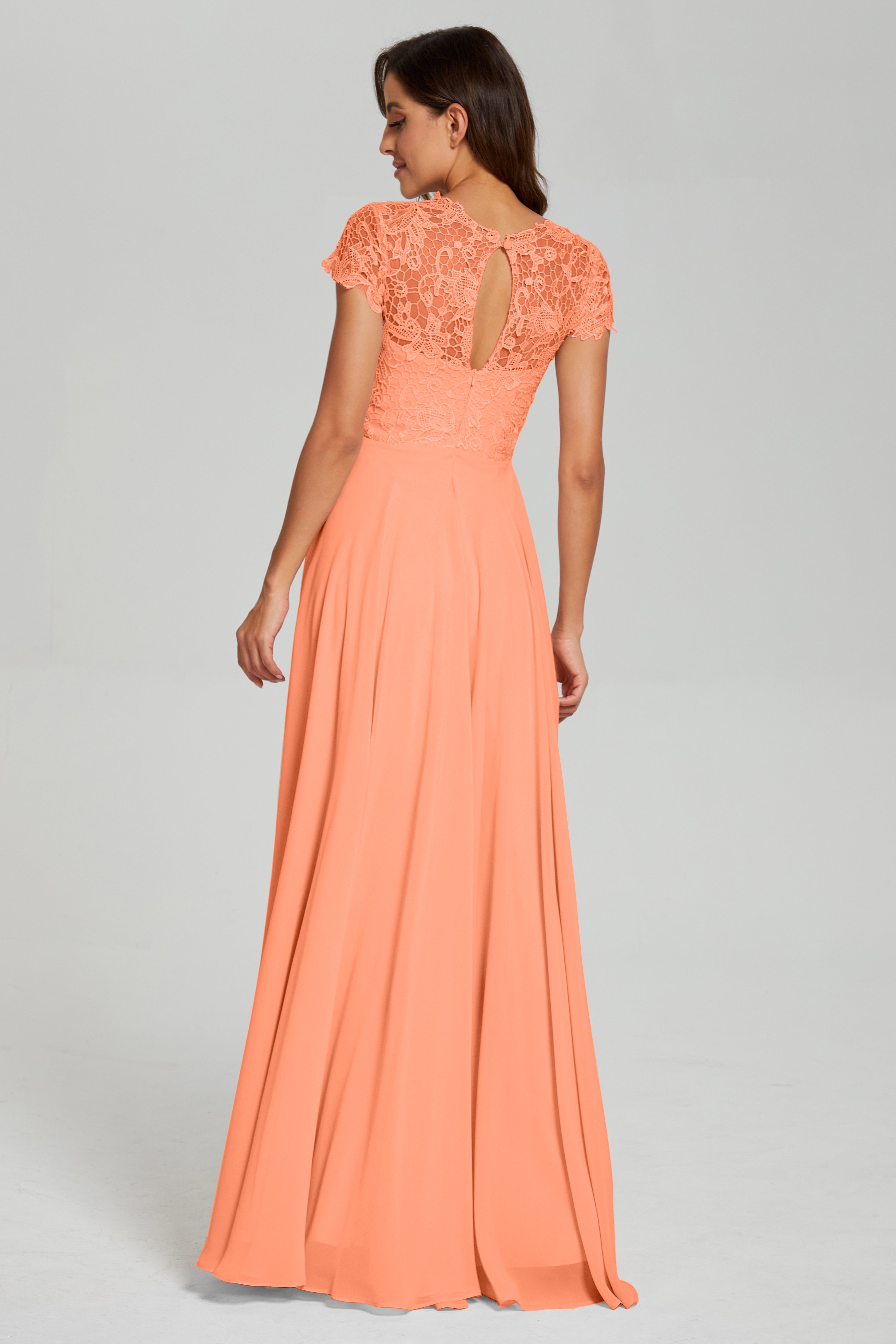 Short Sleeves Chiffon Lace Prom Dresses with Pockets