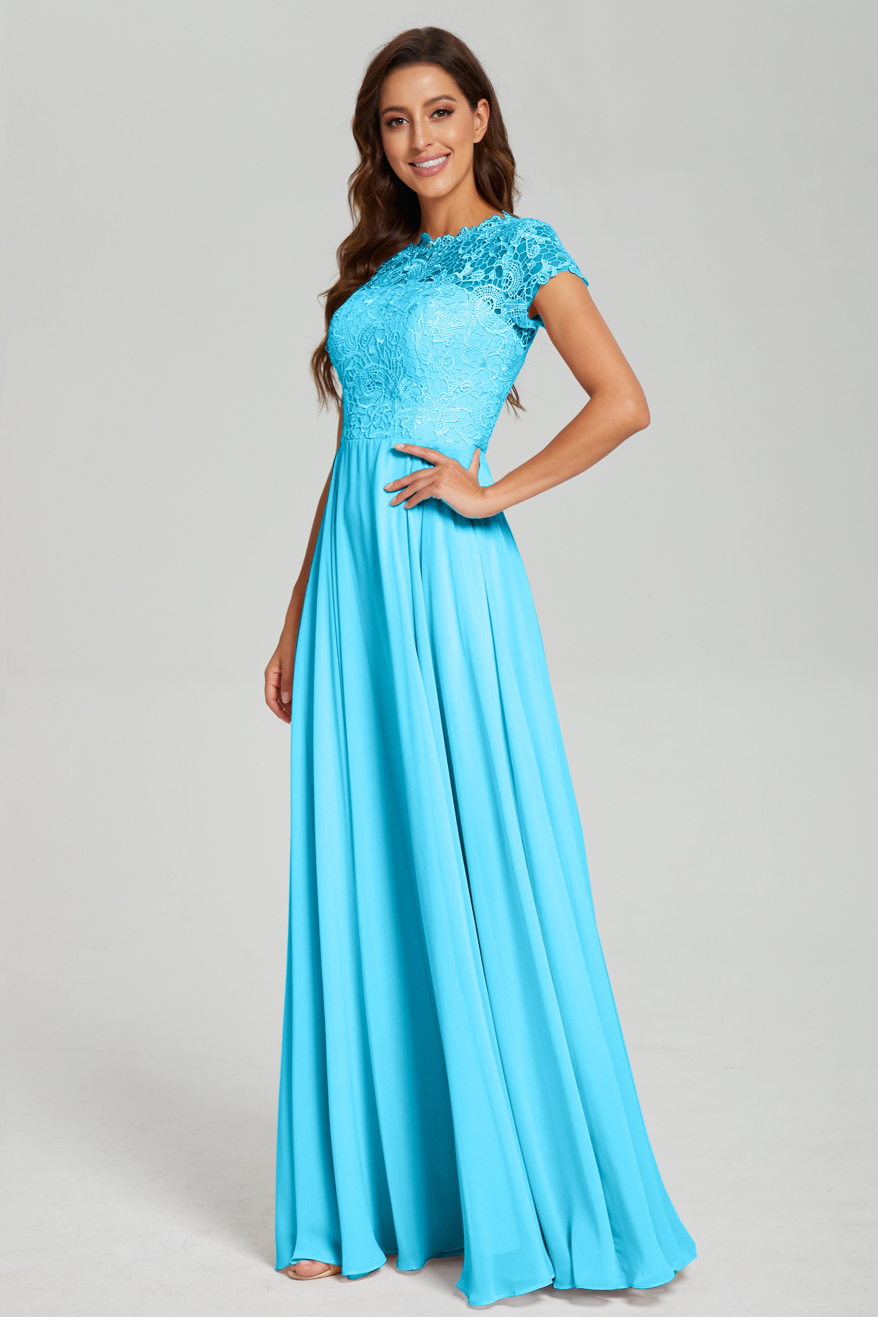 Short Sleeves Chiffon Lace Prom Dresses with Pockets