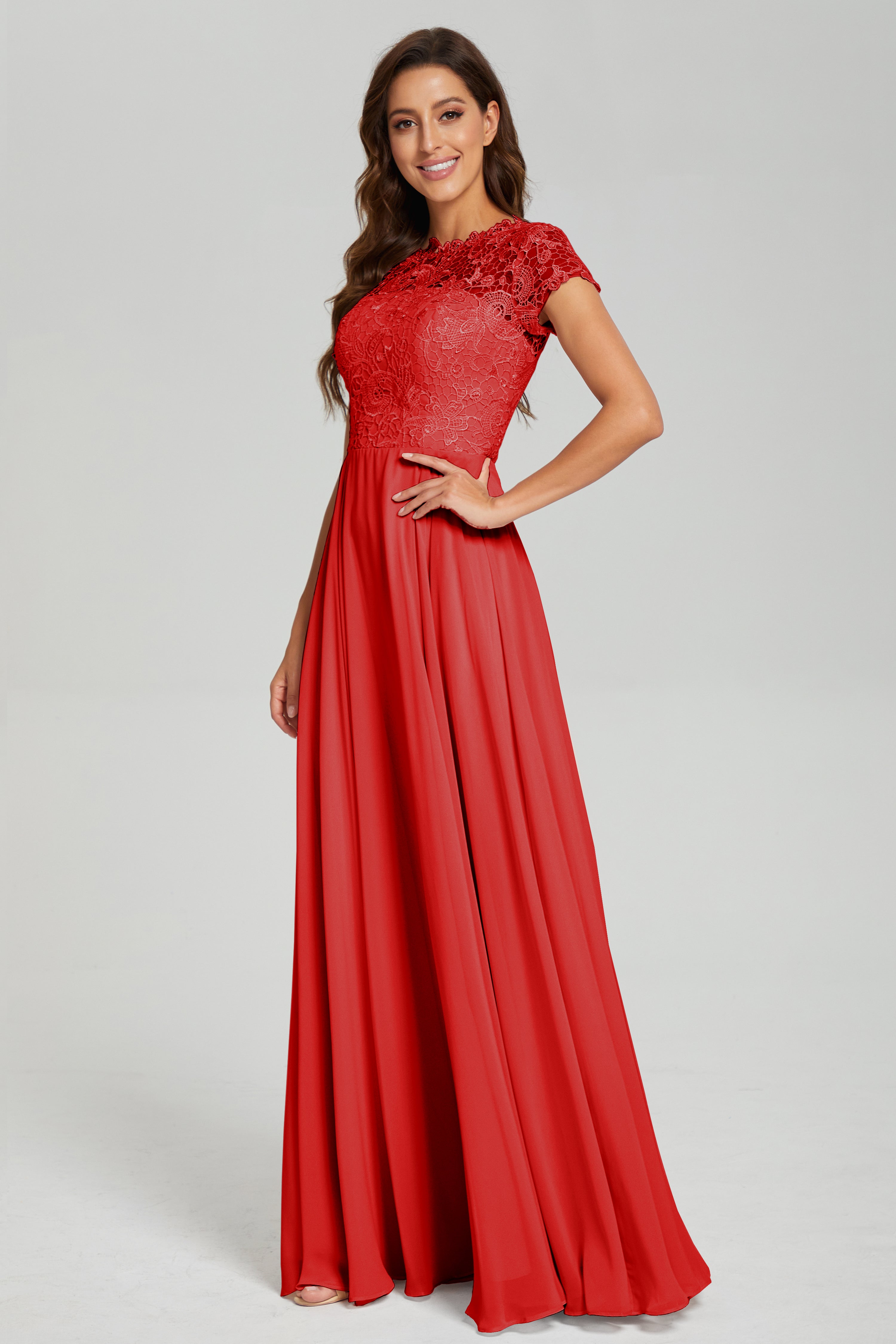 Short Sleeves Chiffon Lace Prom Dresses with Pockets