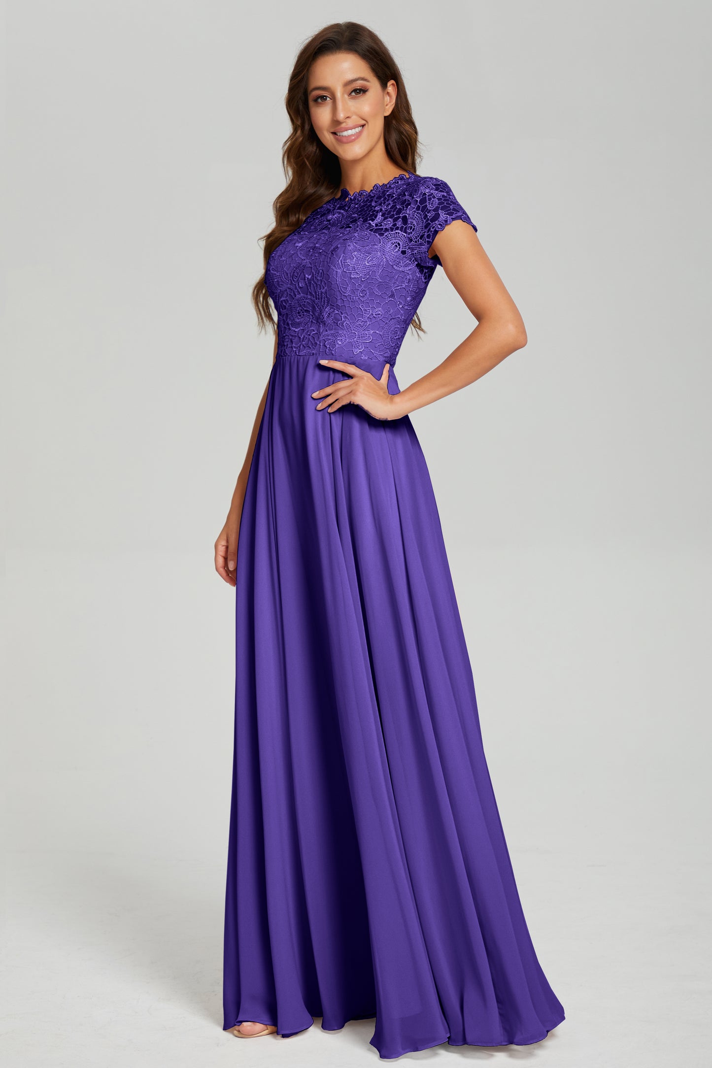 Short Sleeves Chiffon Lace Prom Dresses with Pockets