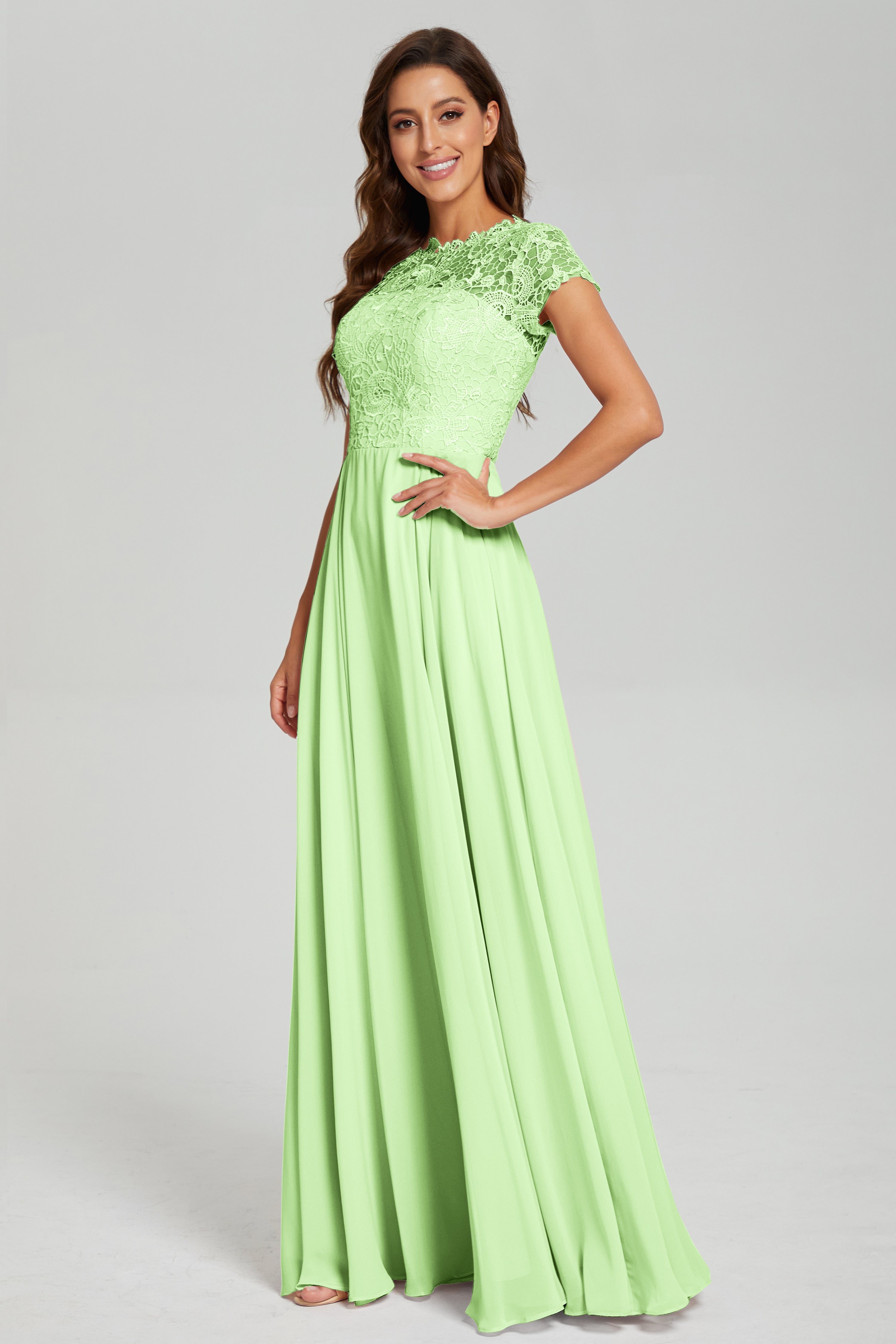 Short Sleeves Chiffon Lace Prom Dresses with Pockets