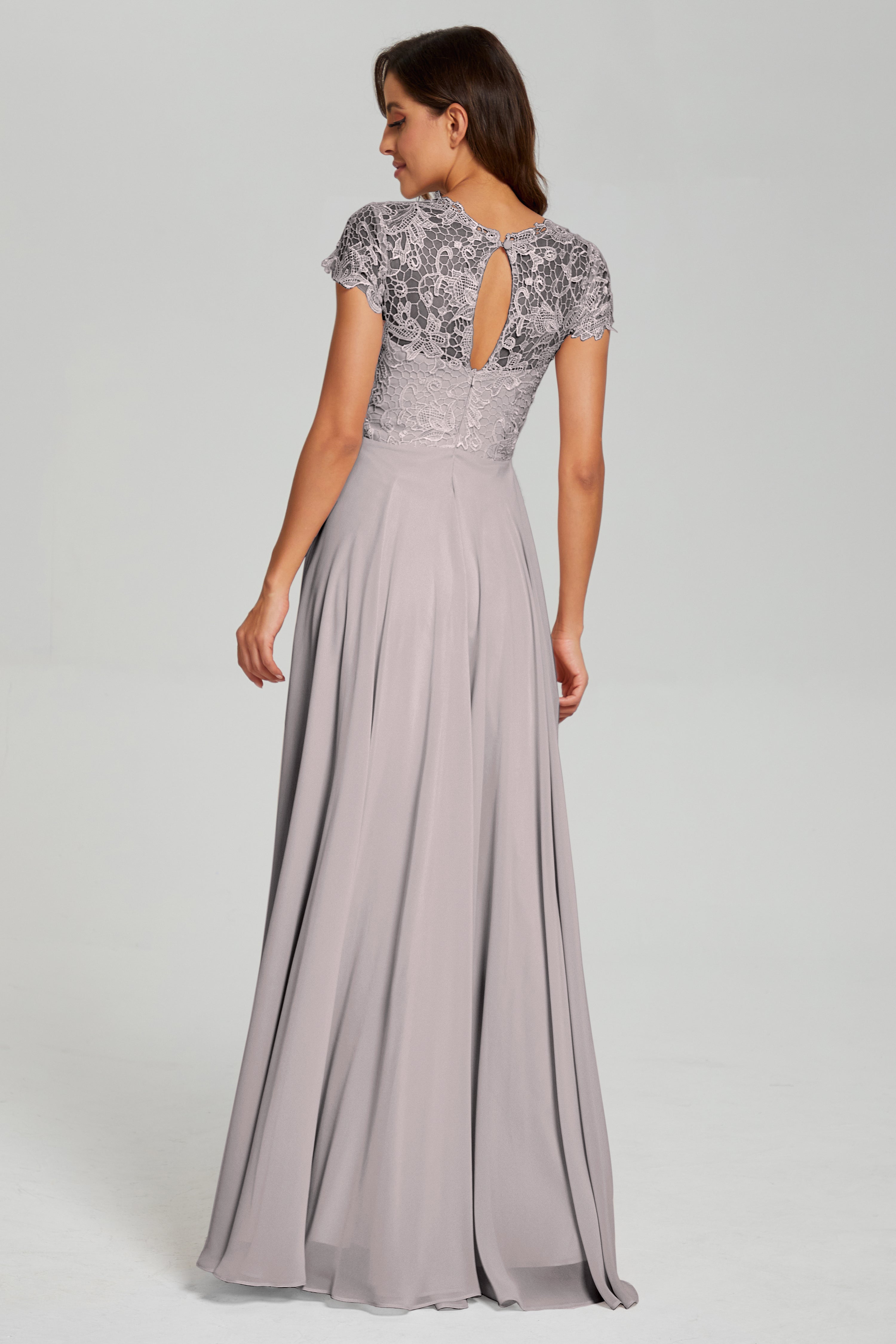 Short Sleeves Chiffon Lace Prom Dresses with Pockets