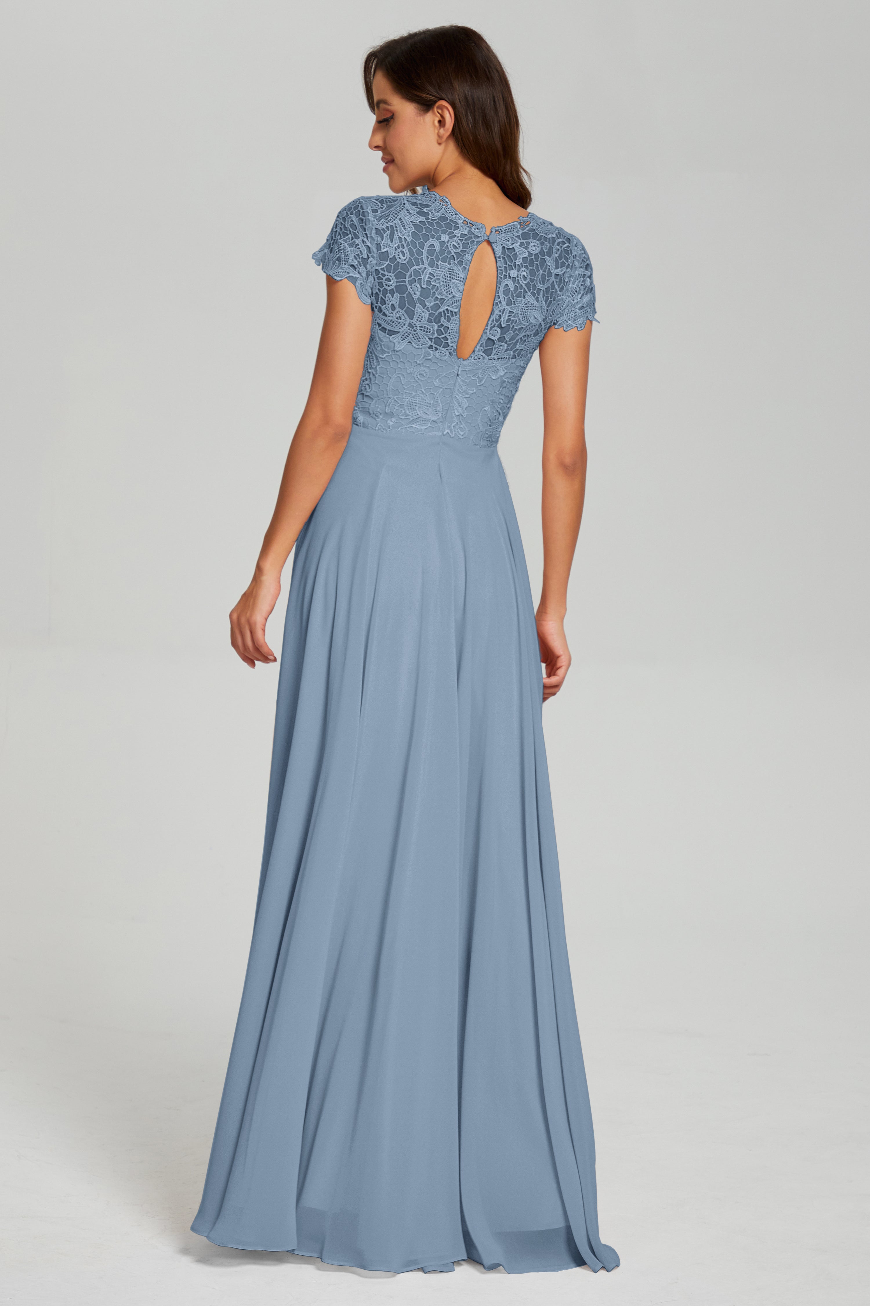 Short Sleeves Chiffon Lace Prom Dresses with Pockets