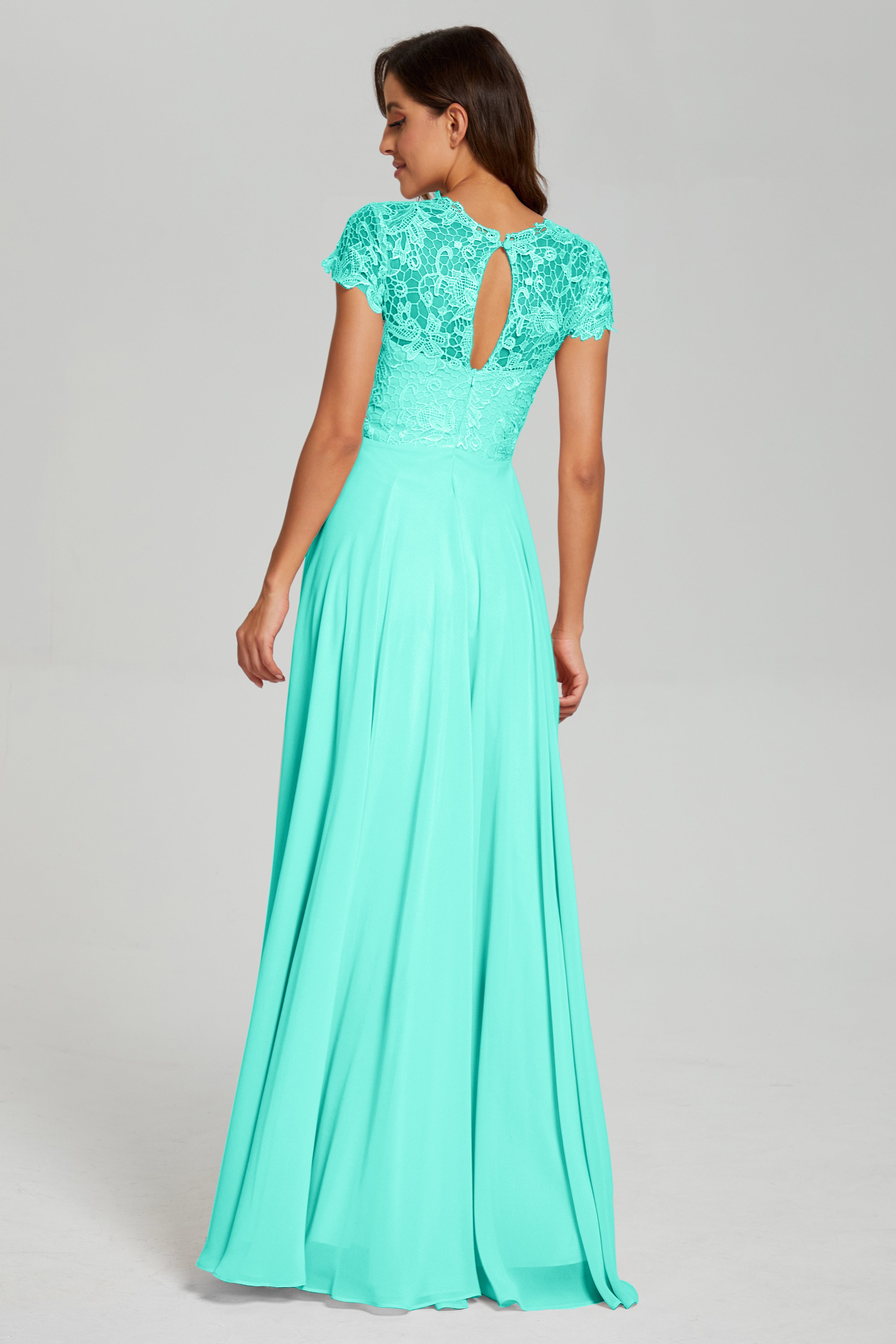 Short Sleeves Chiffon Lace Prom Dresses with Pockets