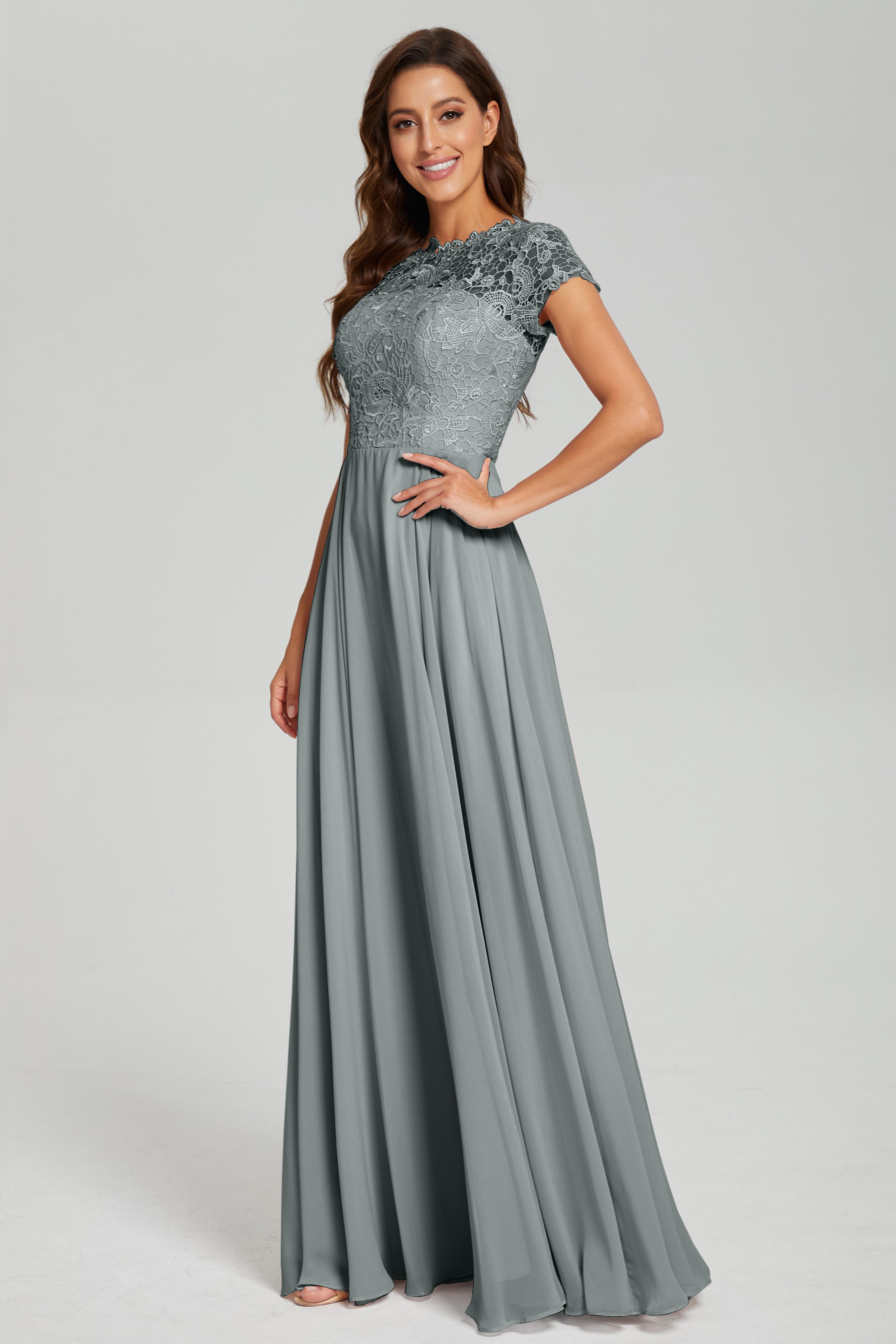 Short Sleeves Chiffon Lace Prom Dresses with Pockets