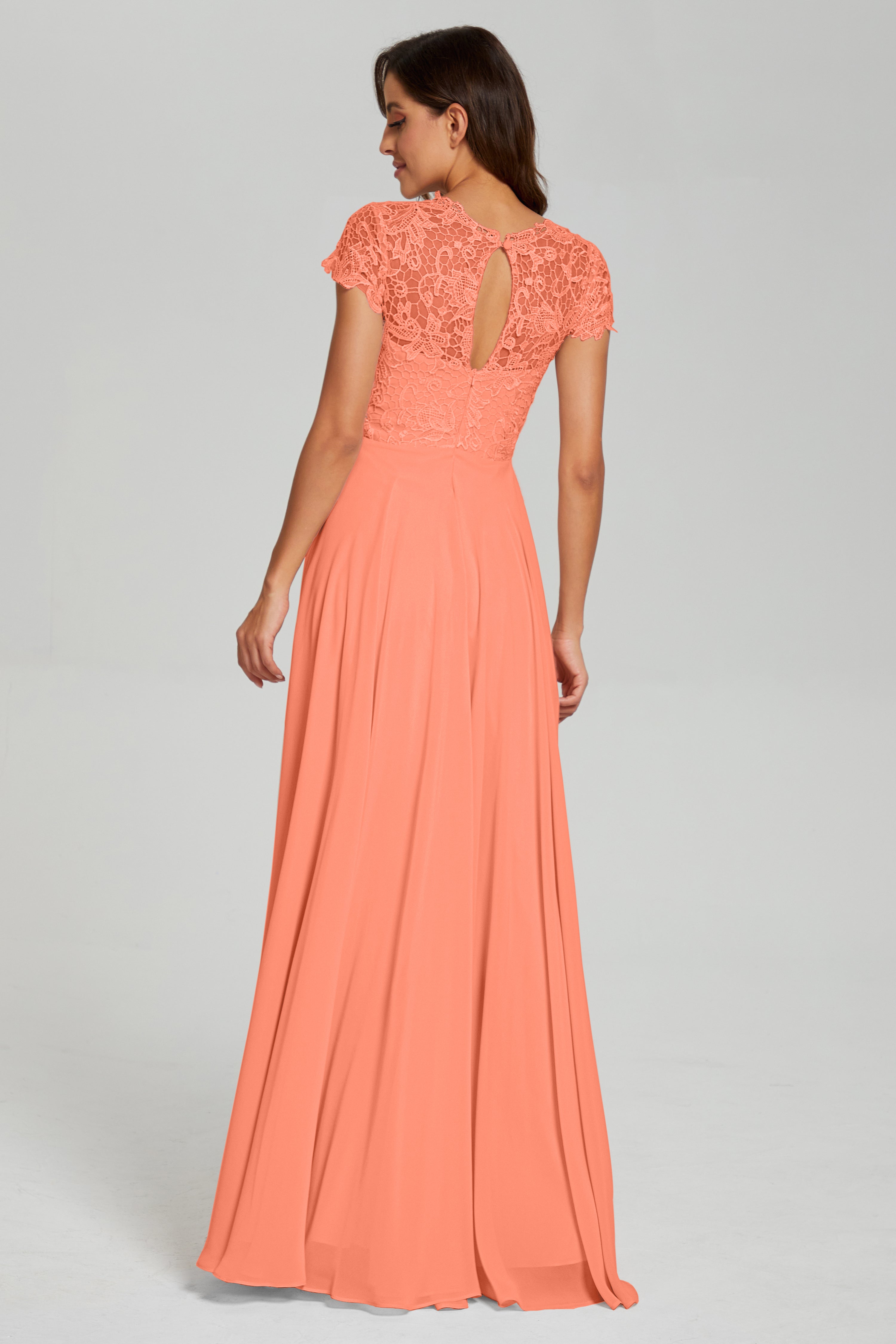 Short Sleeves Chiffon Lace Prom Dresses with Pockets