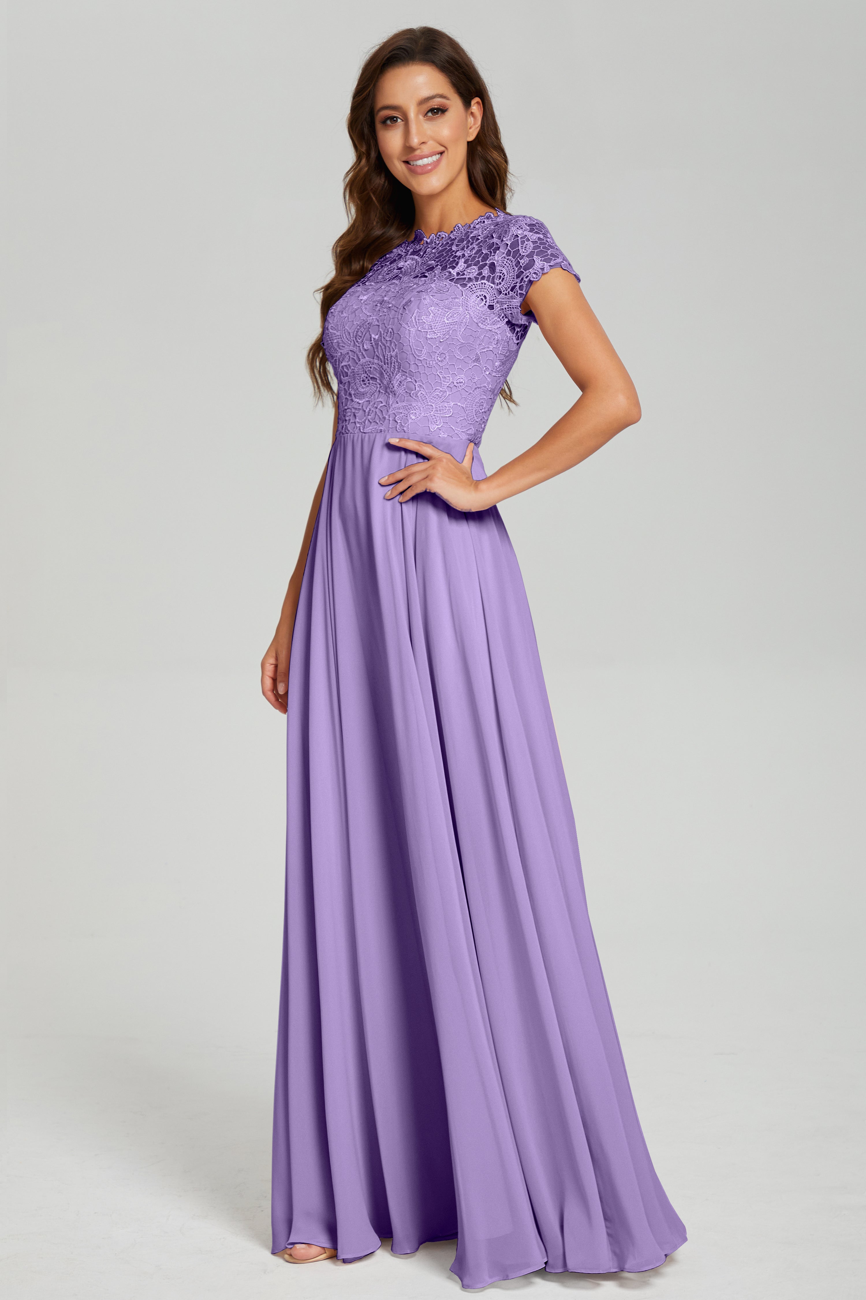 Short Sleeves Chiffon Lace Prom Dresses with Pockets