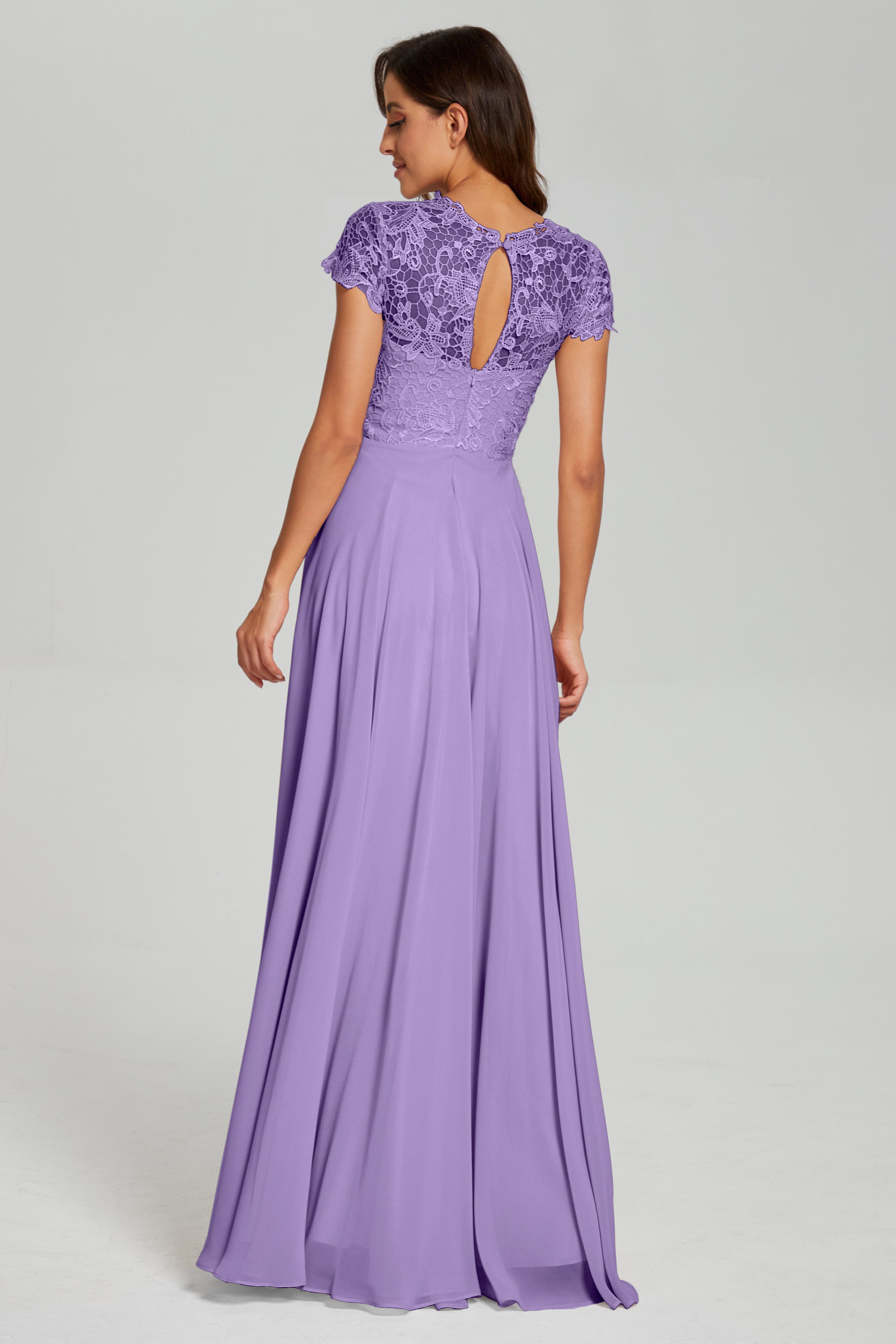 Short Sleeves Chiffon Lace Prom Dresses with Pockets