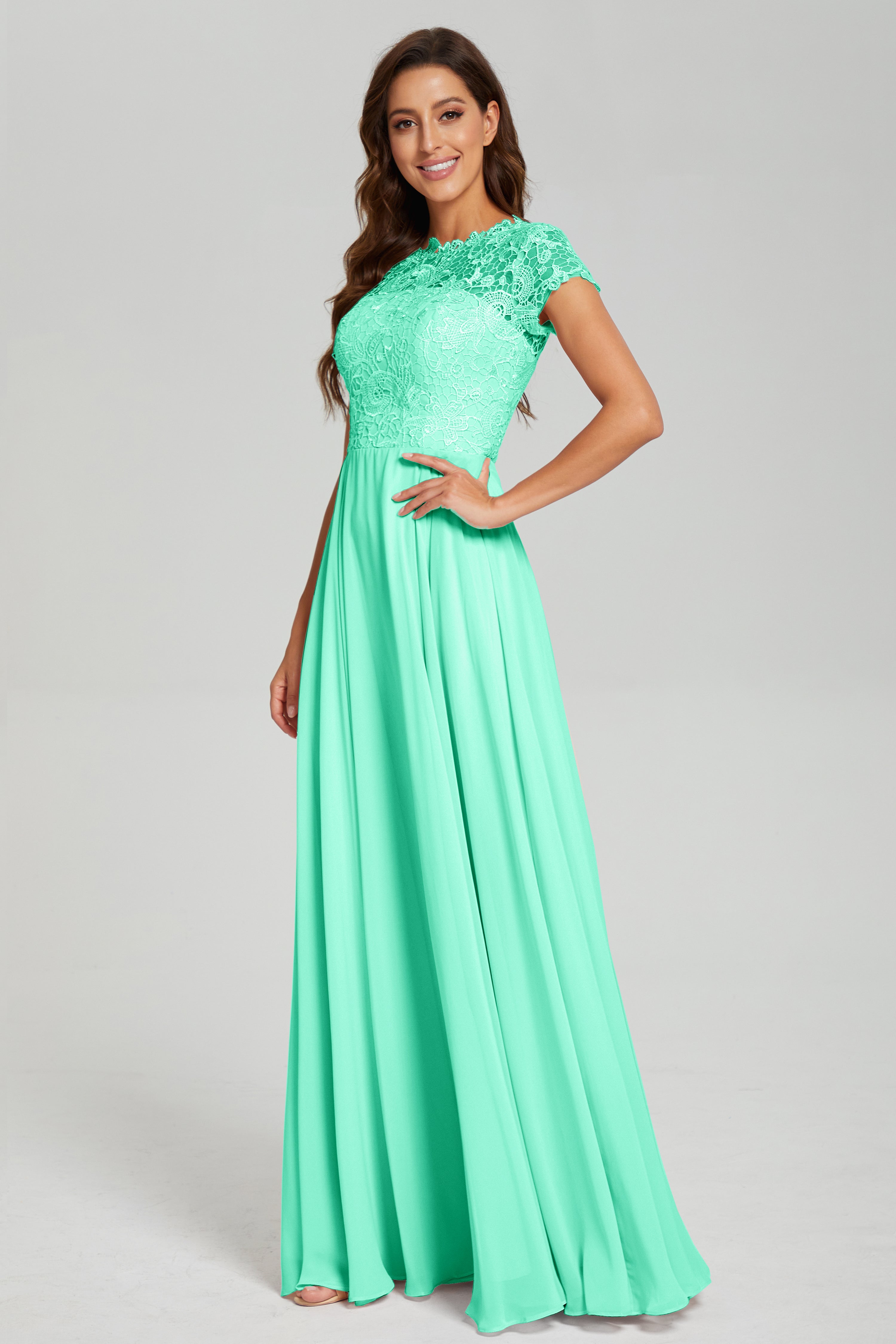 Short Sleeves Chiffon Lace Prom Dresses with Pockets