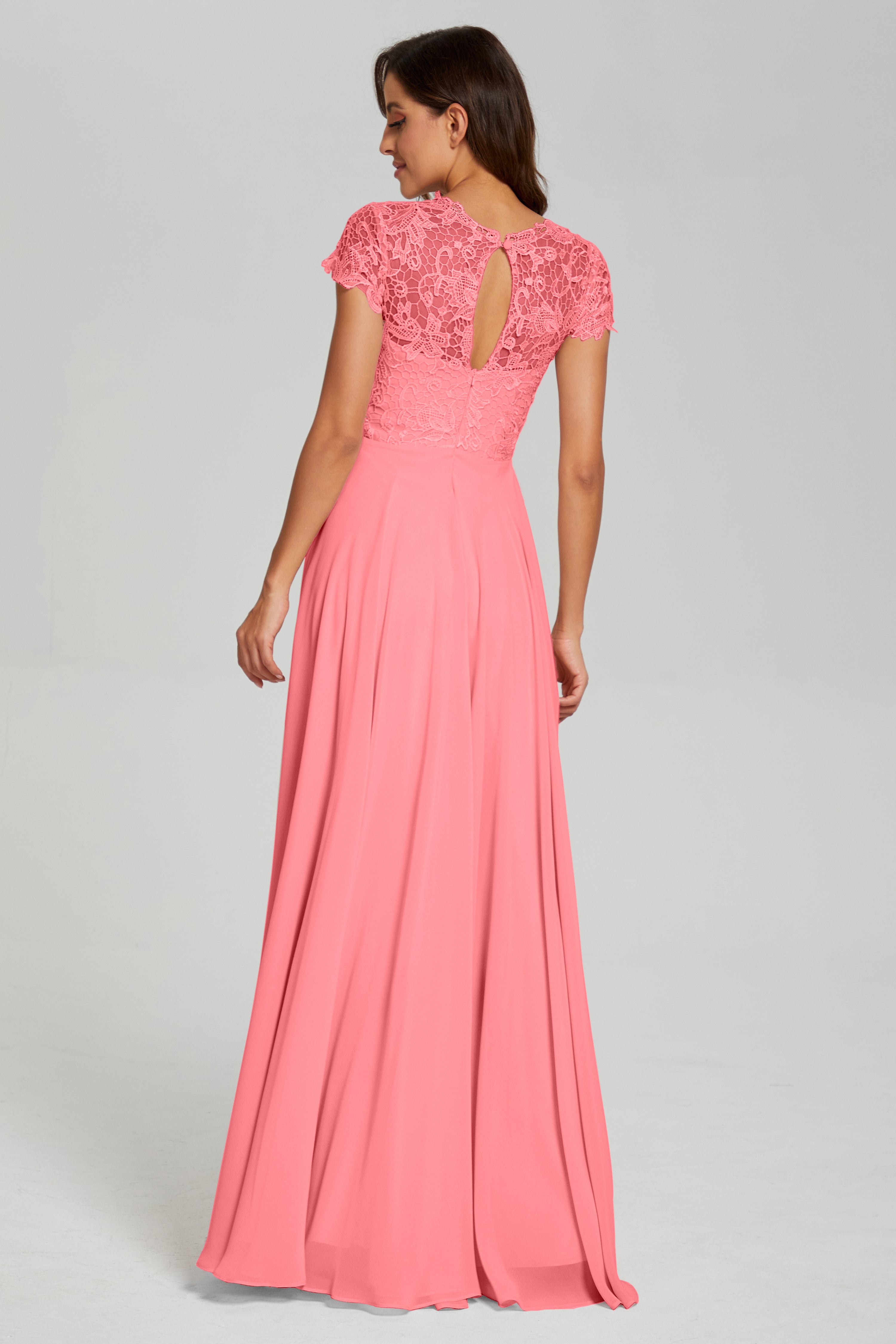 Short Sleeves Chiffon Lace Prom Dresses with Pockets