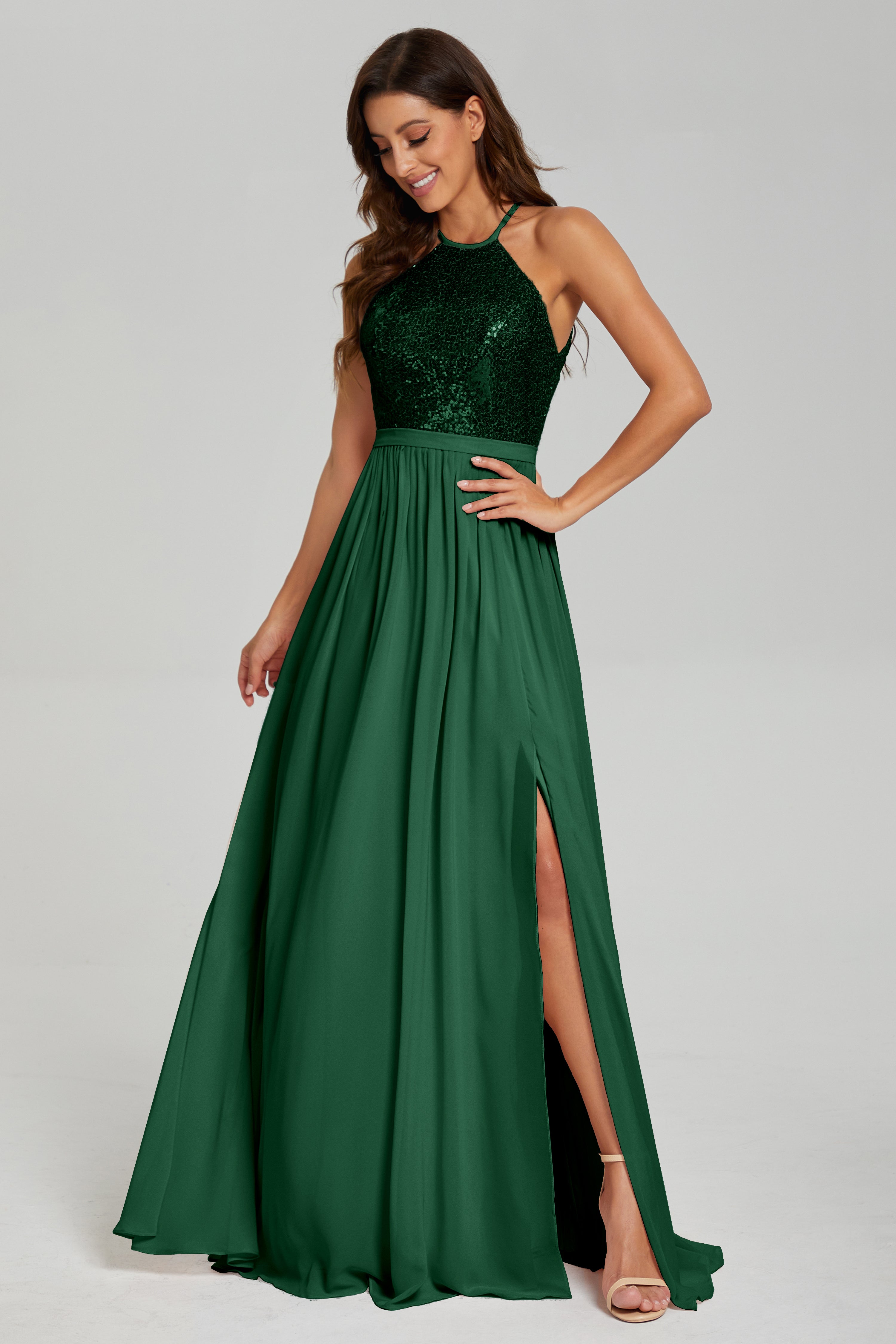 Split Halter Sequins Prom Dresses