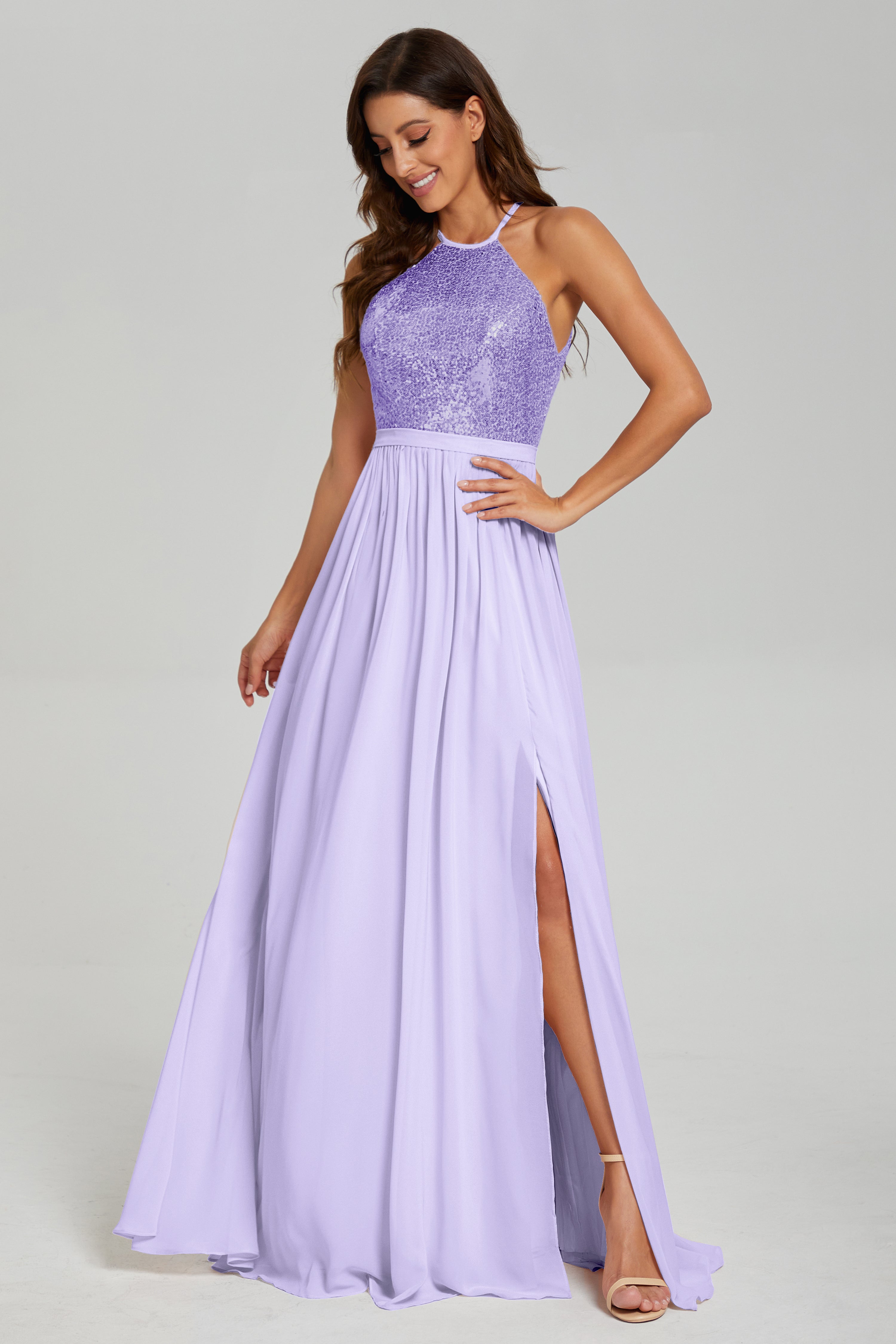 Split Halter Sequins Prom Dresses