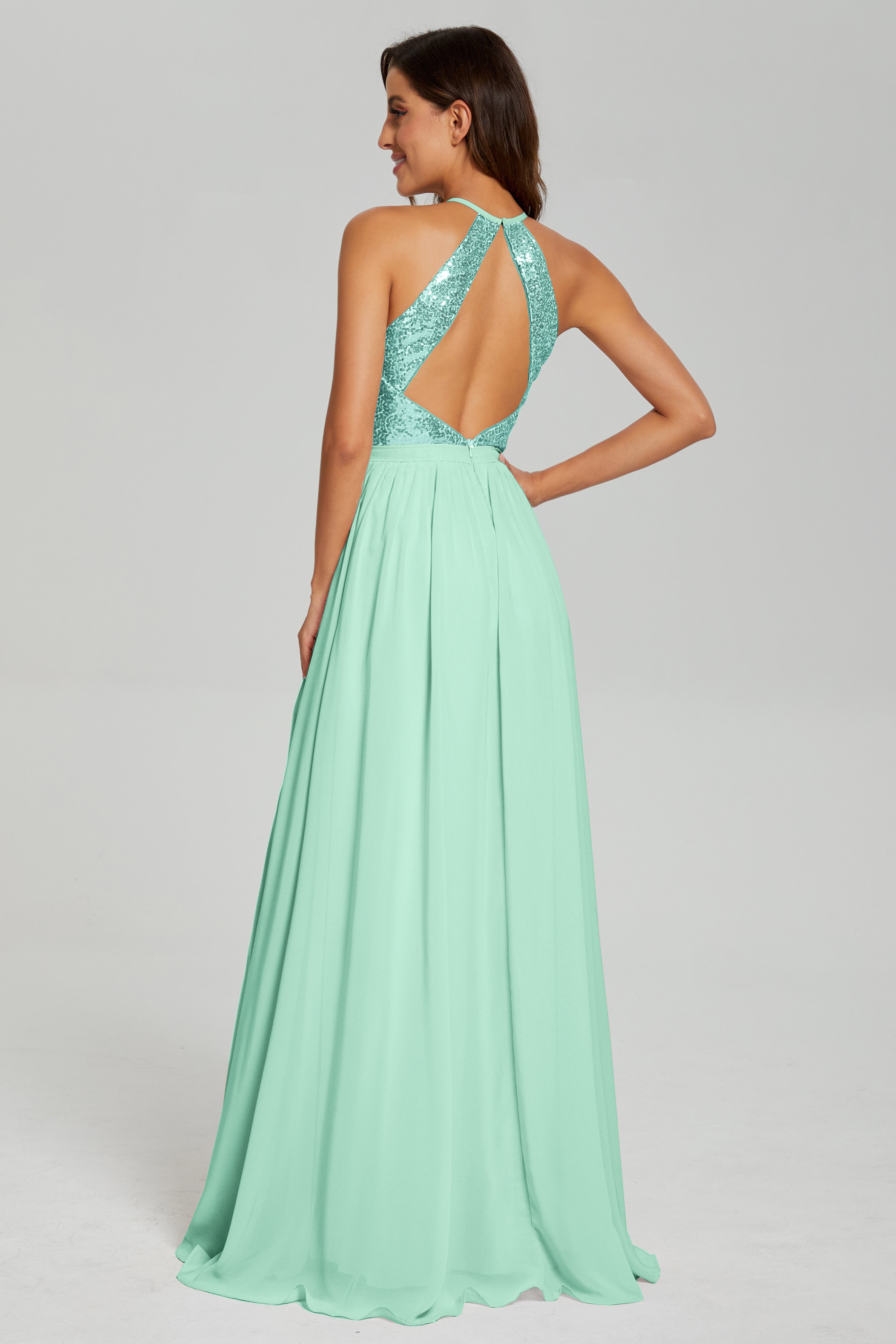 Split Halter Sequins Prom Dresses