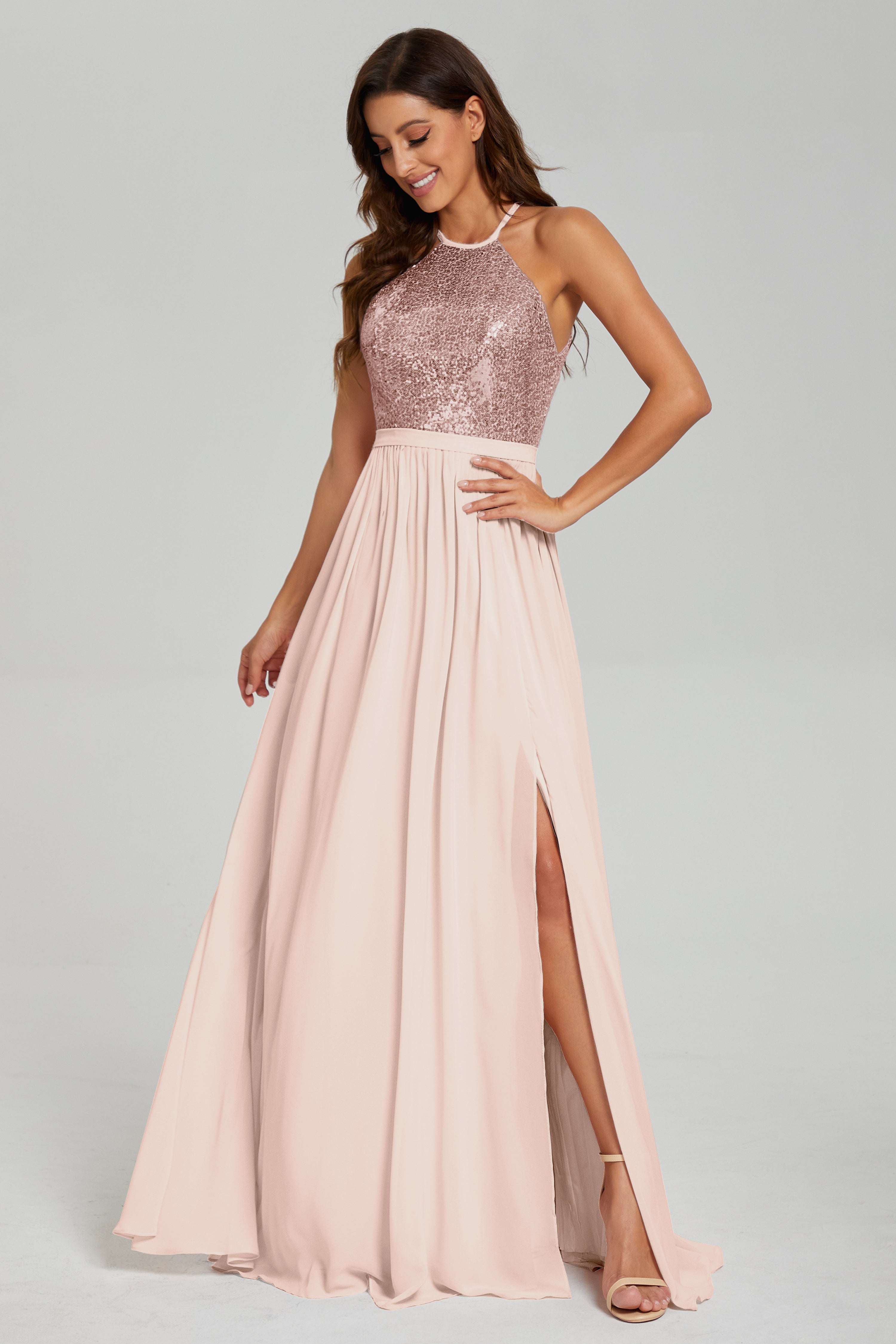 Split Halter Sequins Prom Dresses