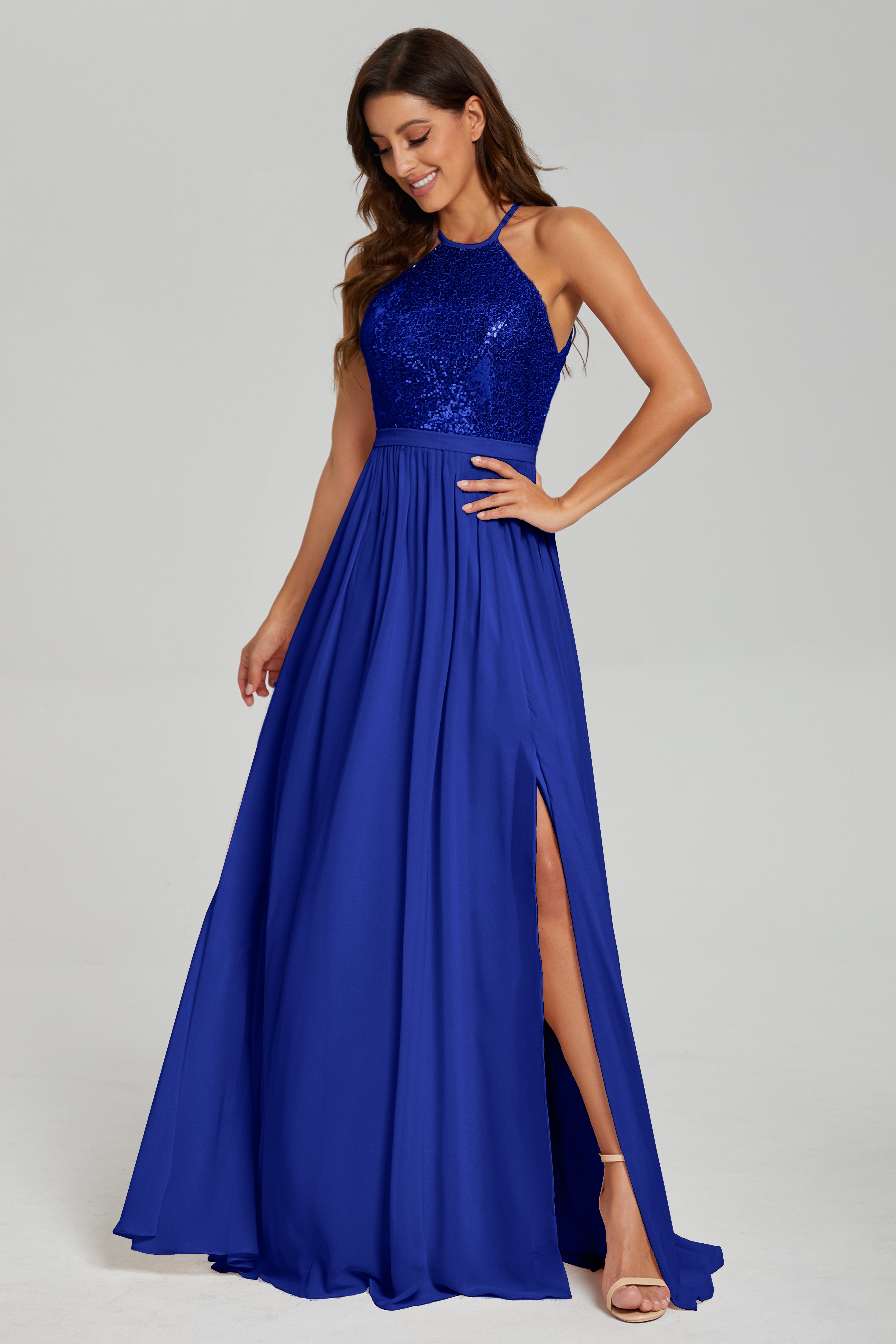 Split Halter Sequins Prom Dresses