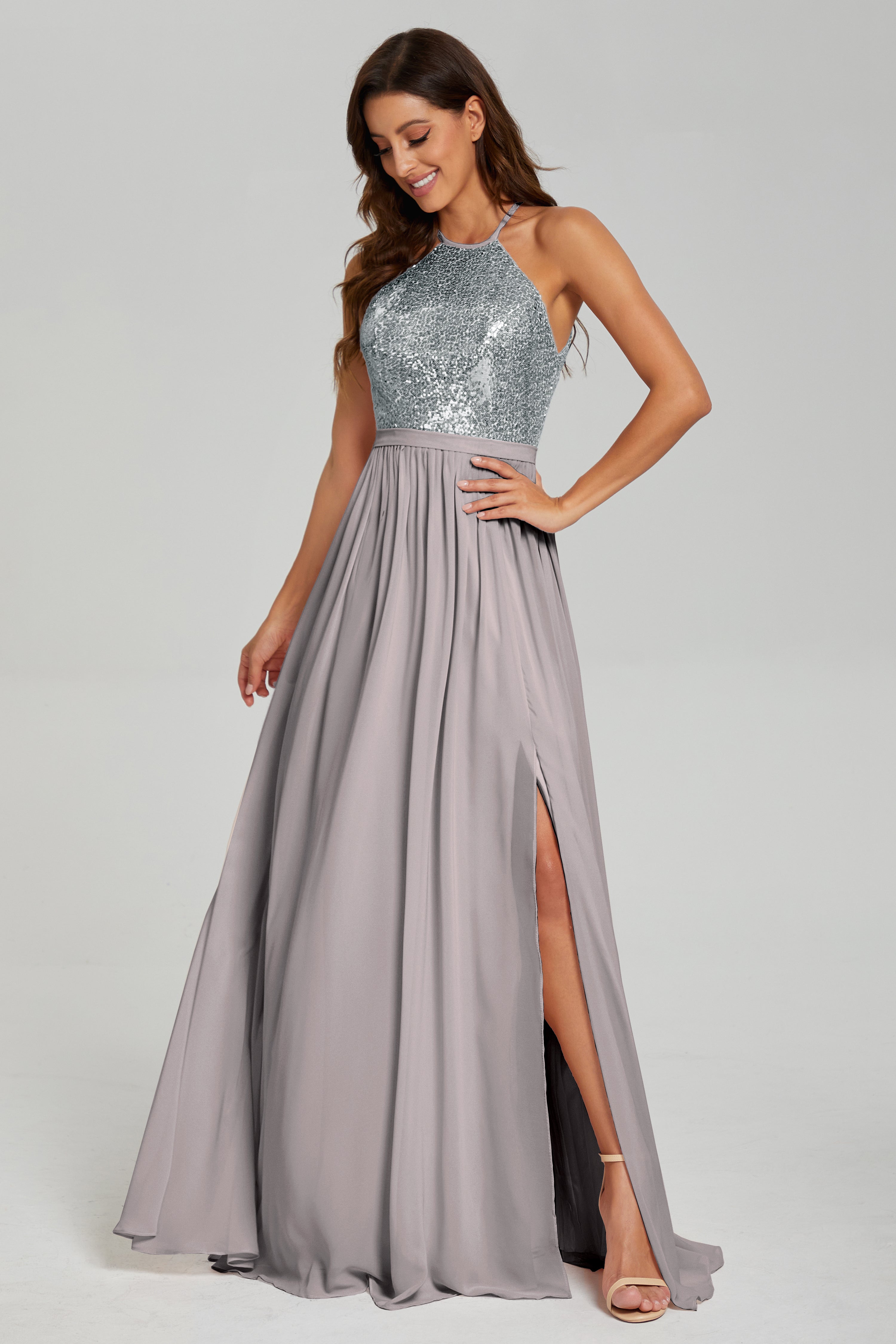 Split Halter Sequins Prom Dresses