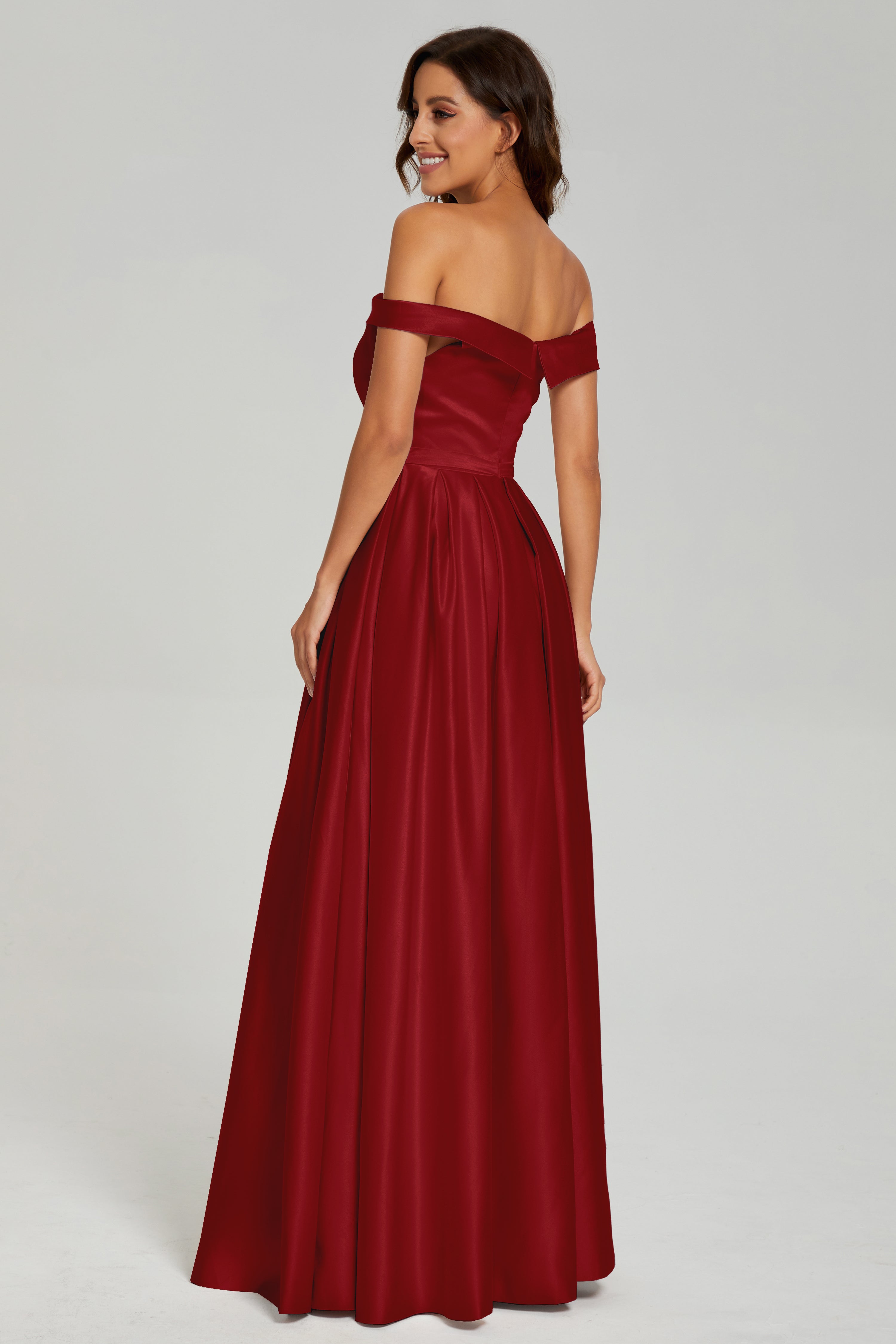 Split Off the Shoulder Satin Prom Dresses