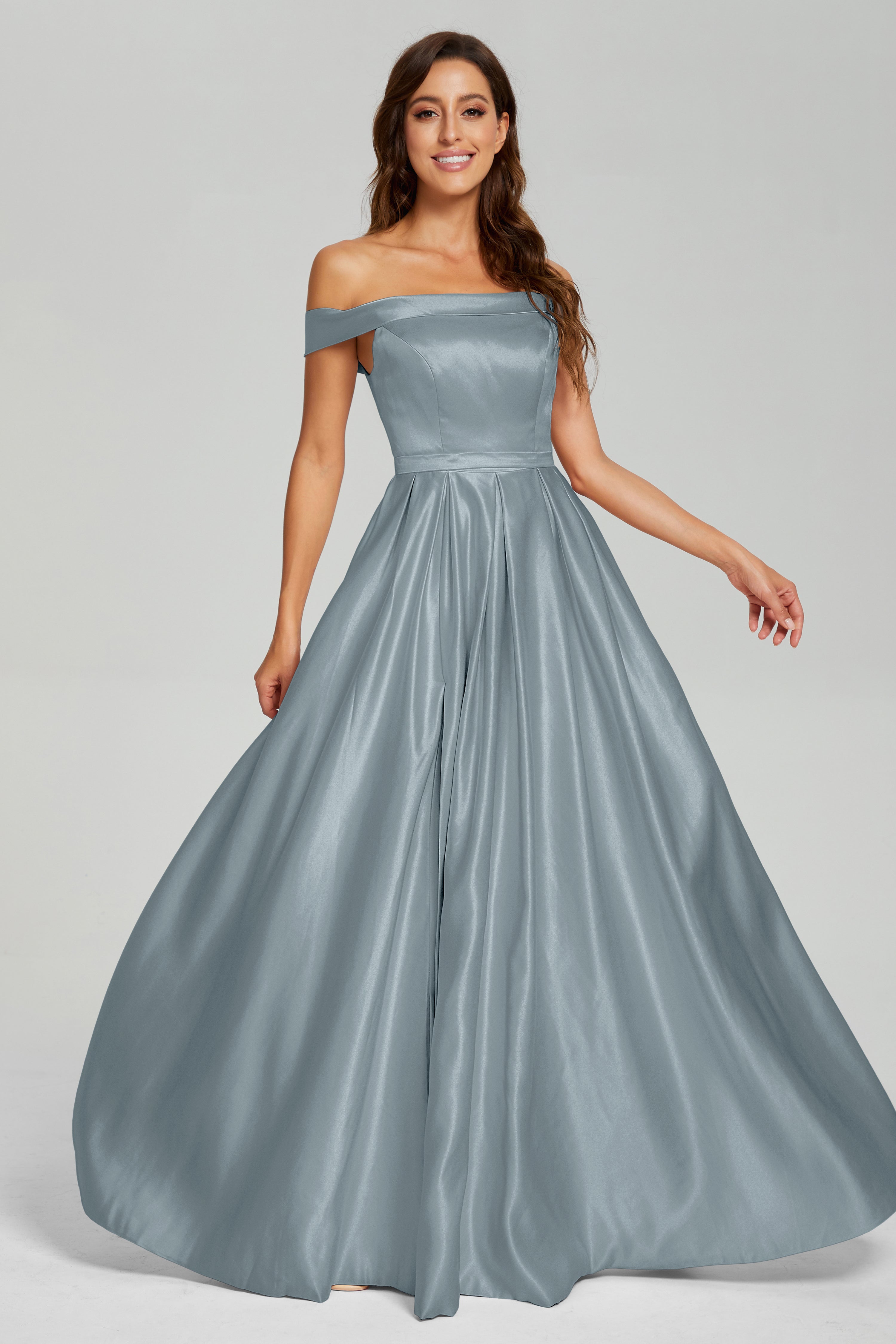 Split Off the Shoulder Satin Prom Dresses