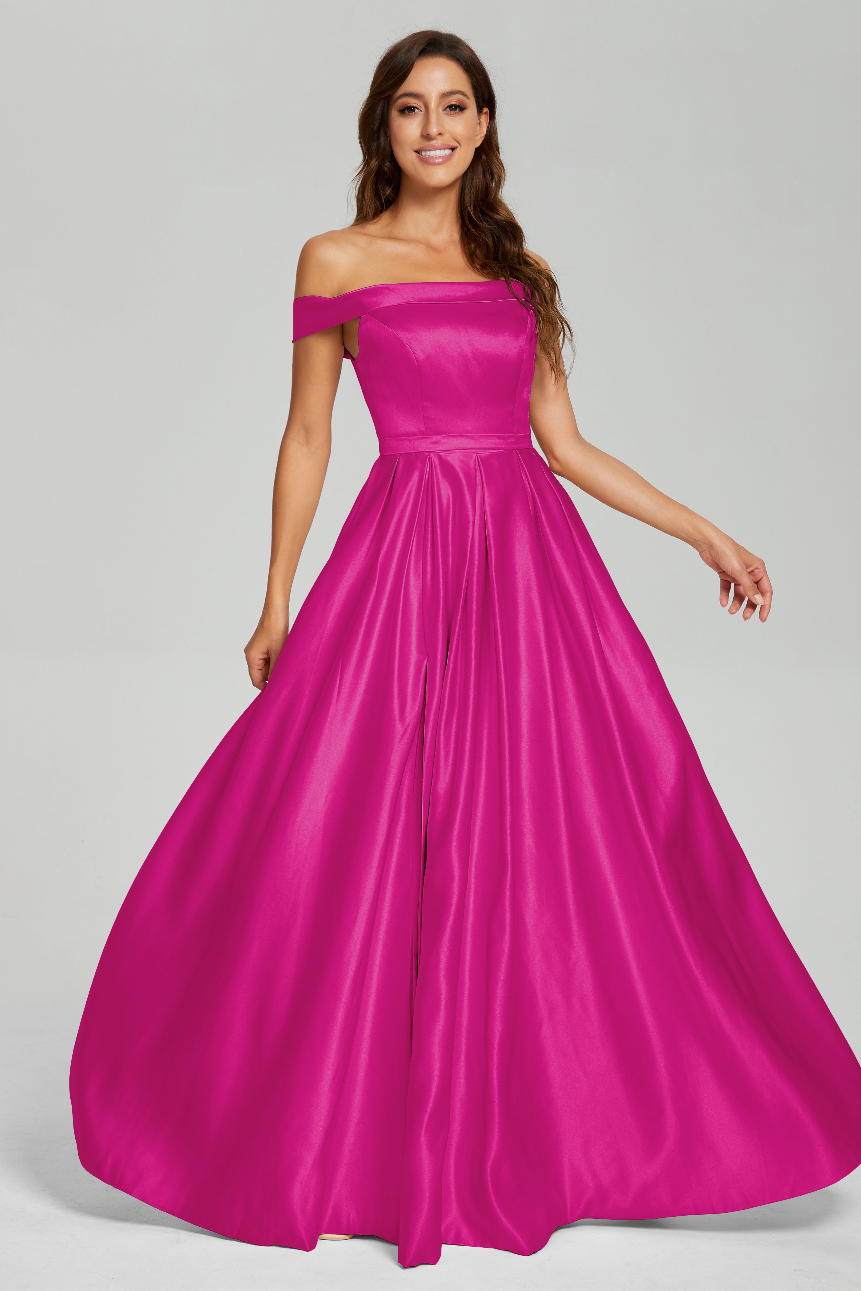 Split Off the Shoulder Satin Prom Dresses